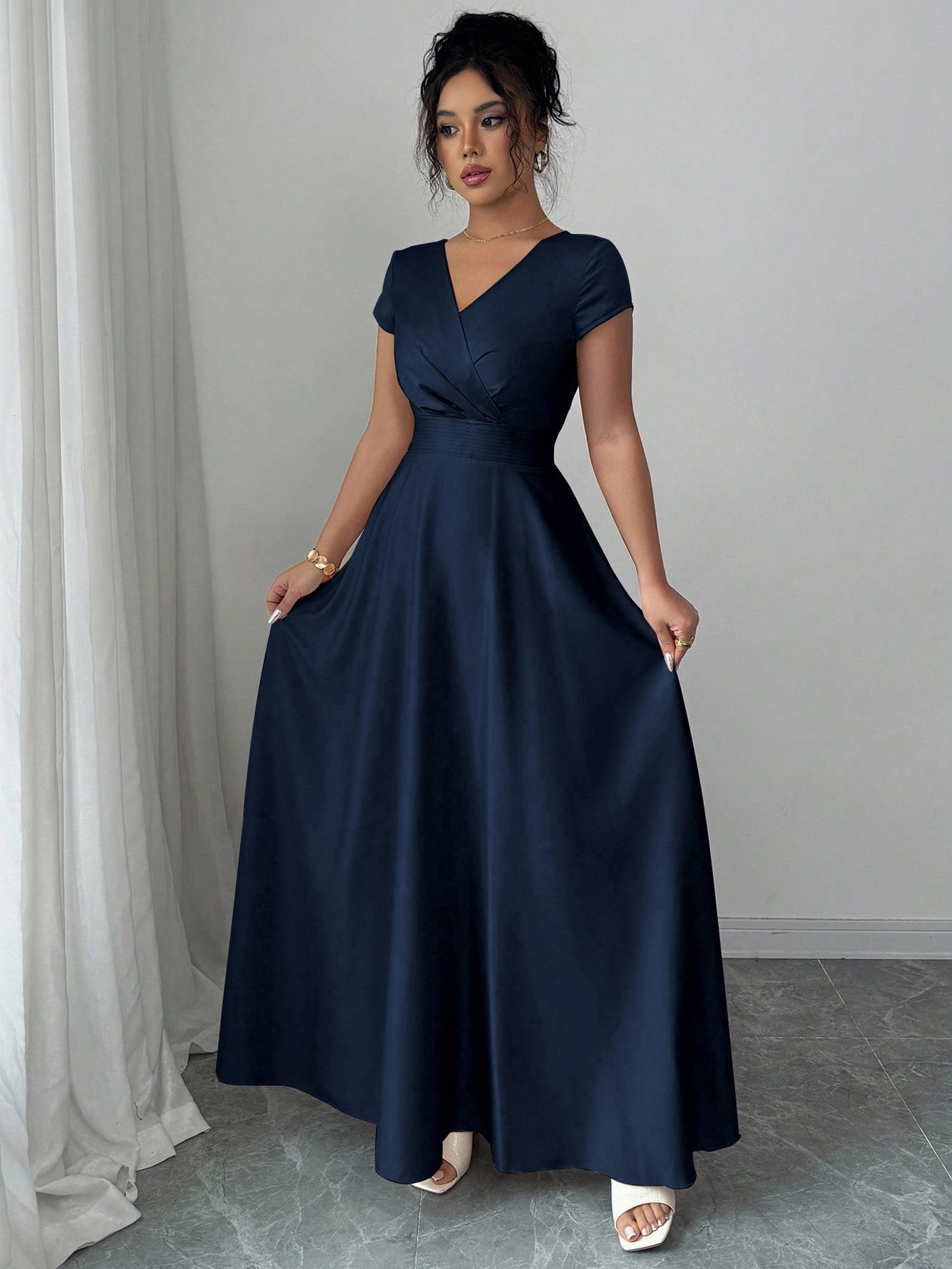 Navy Blue V-Neck Maxi Dress with Cap Sleeves