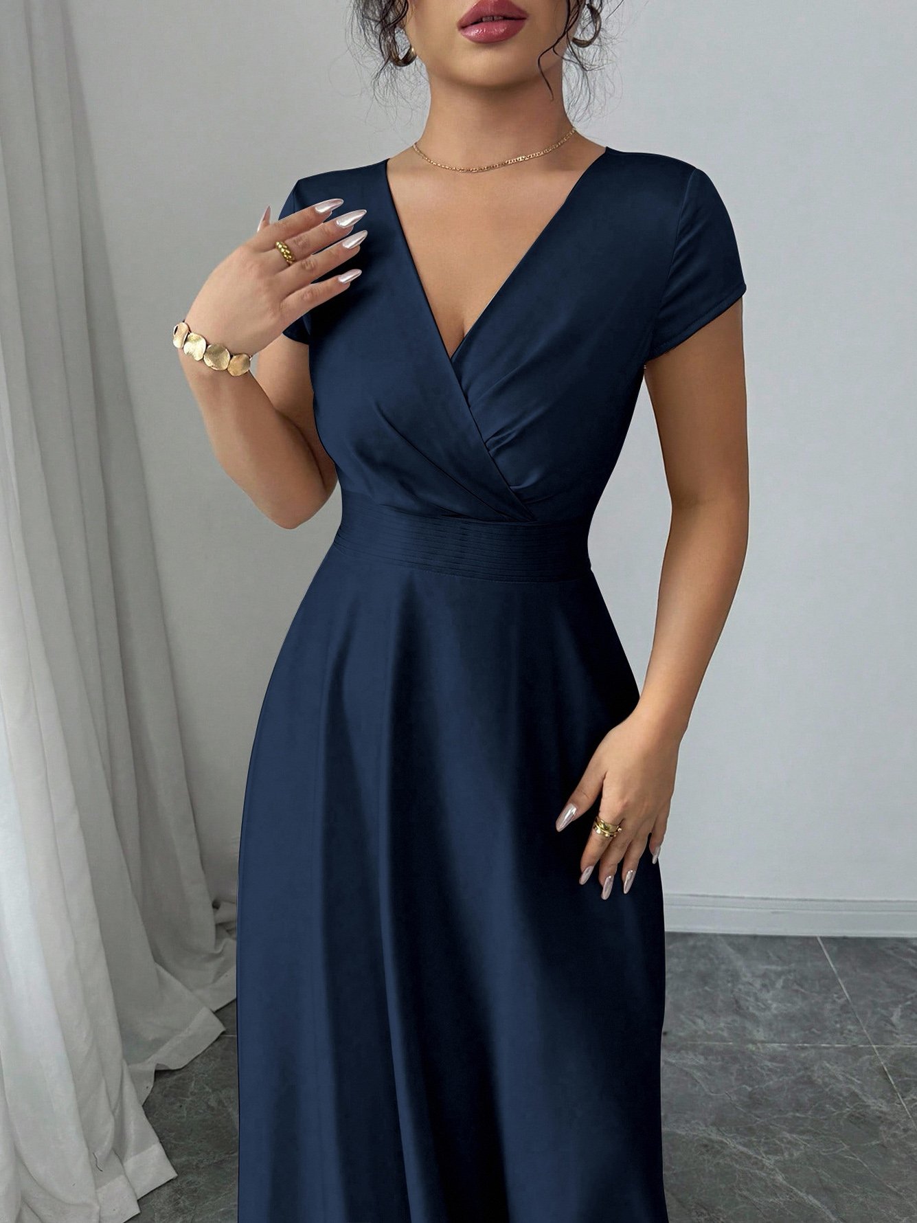 Navy Blue V-Neck Maxi Dress with Cap Sleeves