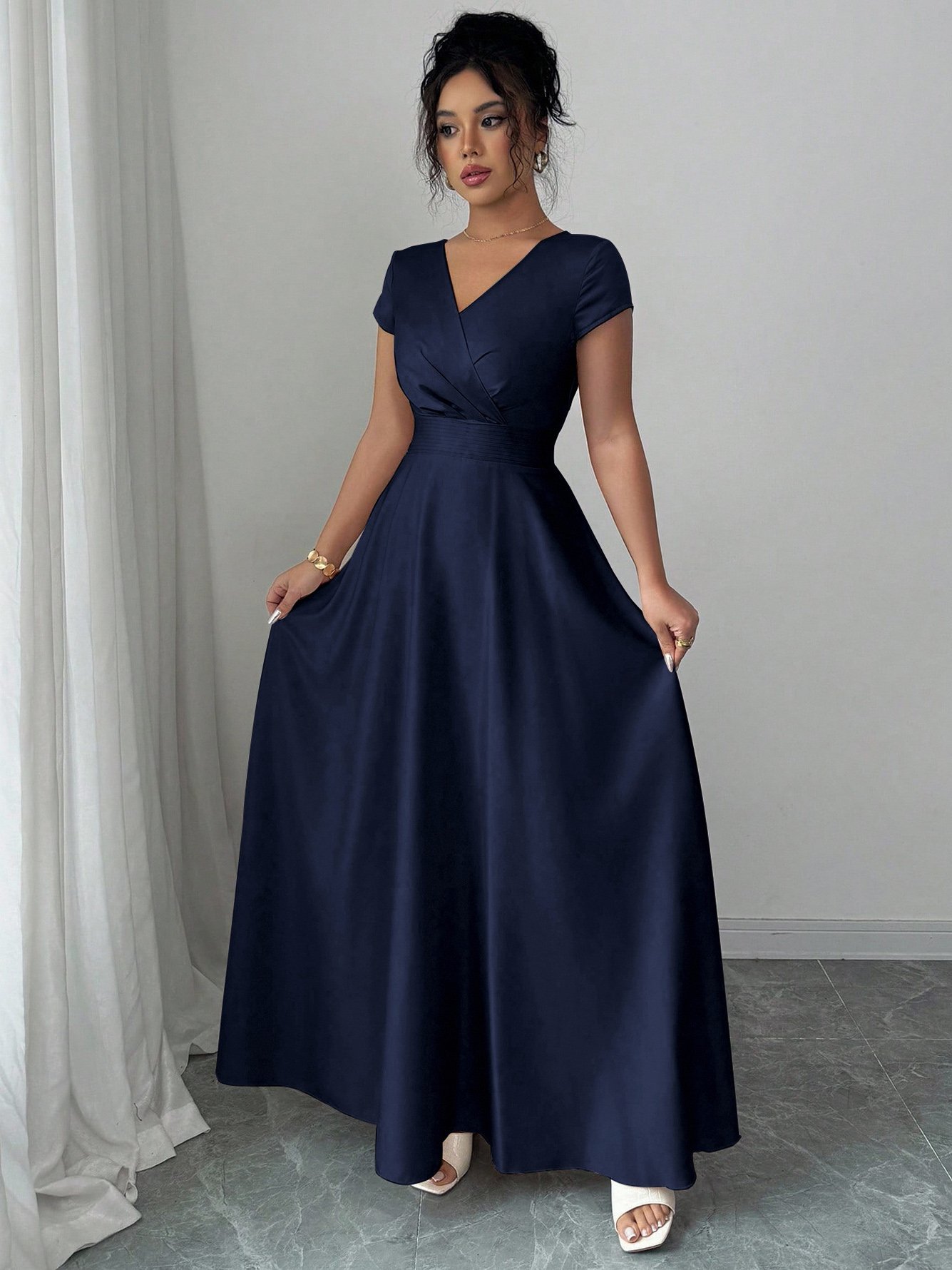 Navy Blue V-Neck Maxi Dress with Cap Sleeves