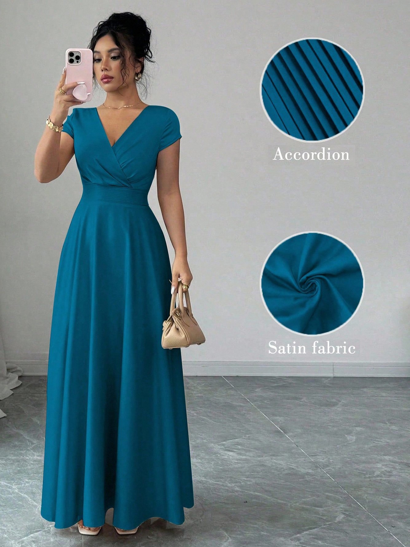 Turquoise V-Neck Maxi Dress with Ruched Waist