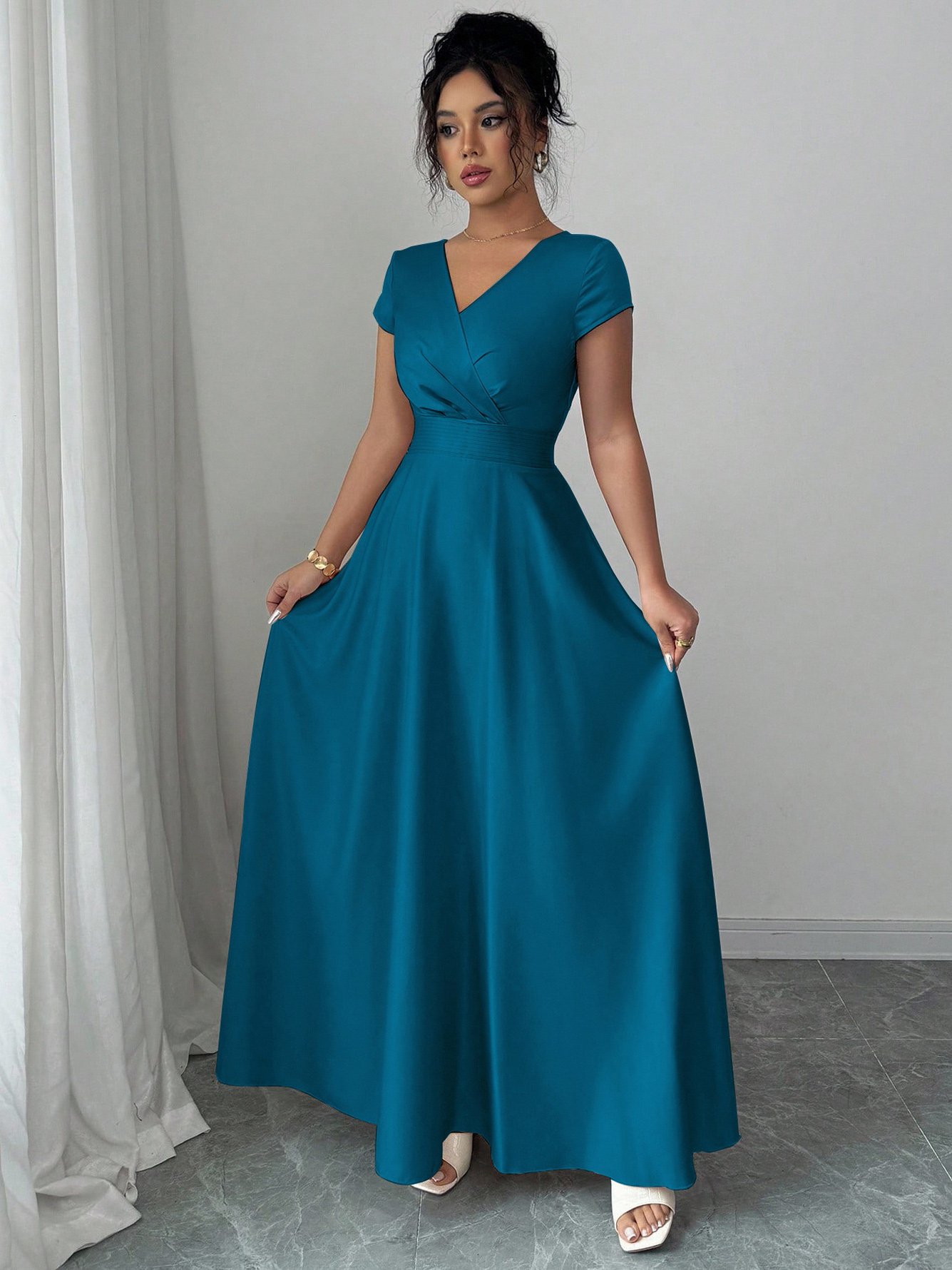 Turquoise V-Neck Maxi Dress with Ruched Waist
