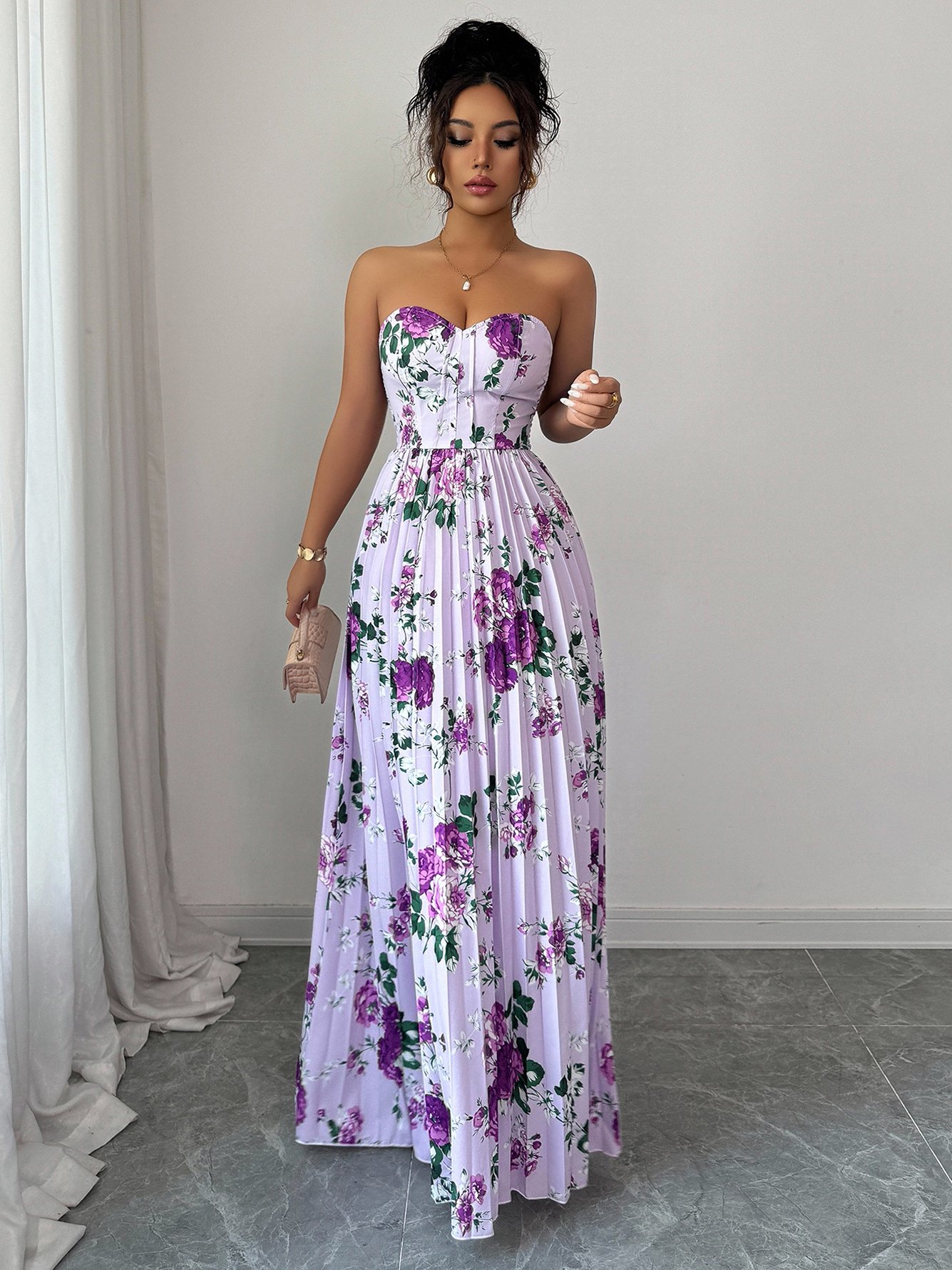 Purple Floral Pleated Strapless Maxi Dress