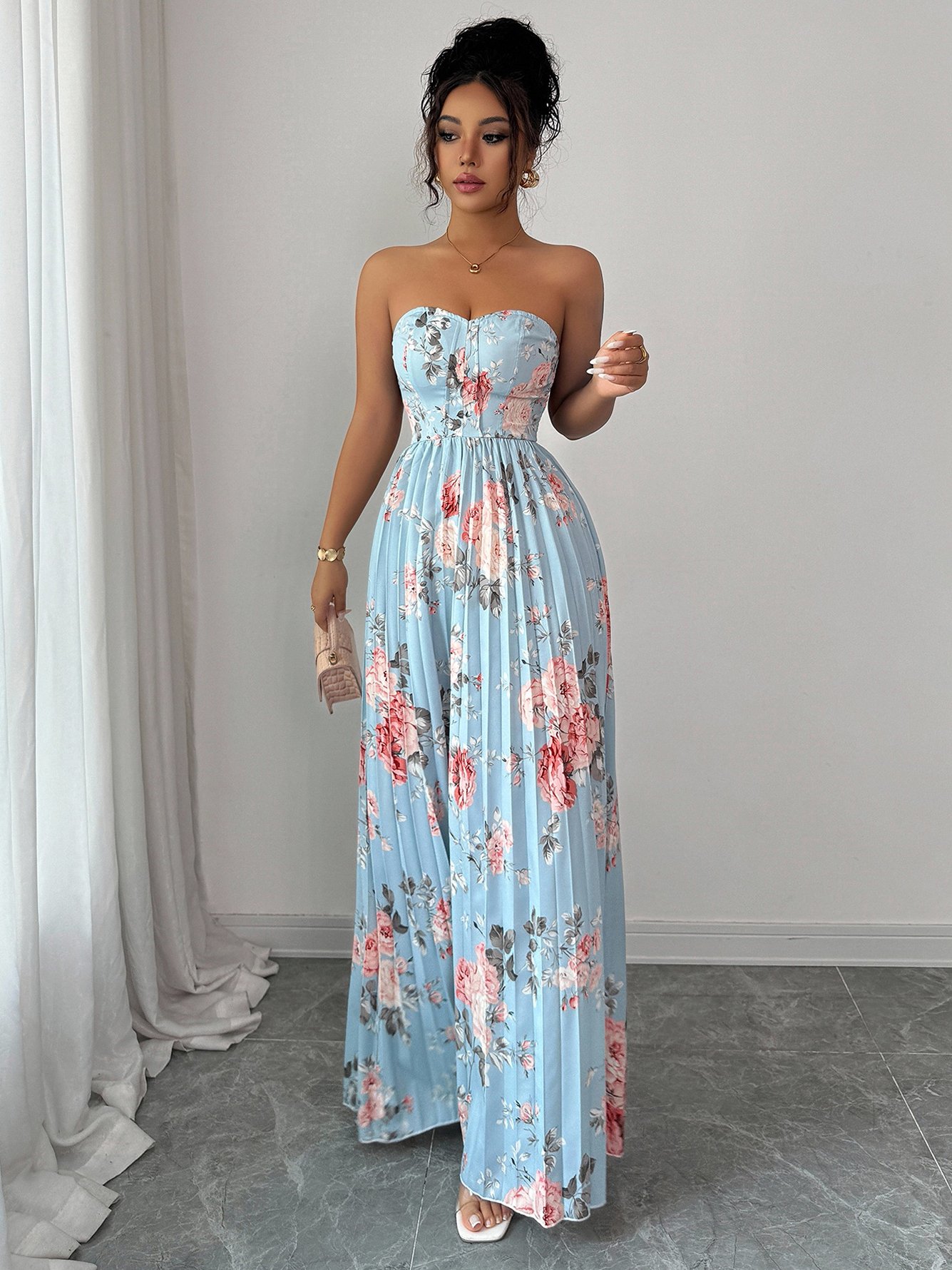 Blue Floral Pleated Maxi Dress with Strapless Design