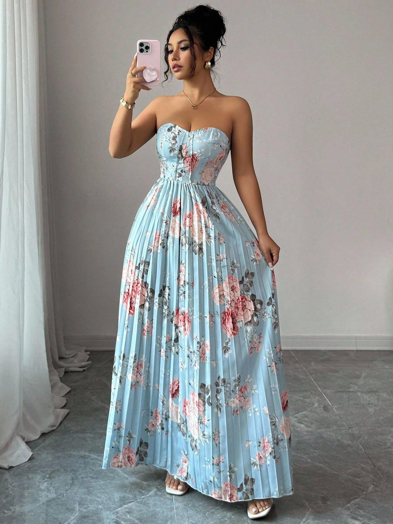 Blue Floral Pleated Maxi Dress with Strapless Design