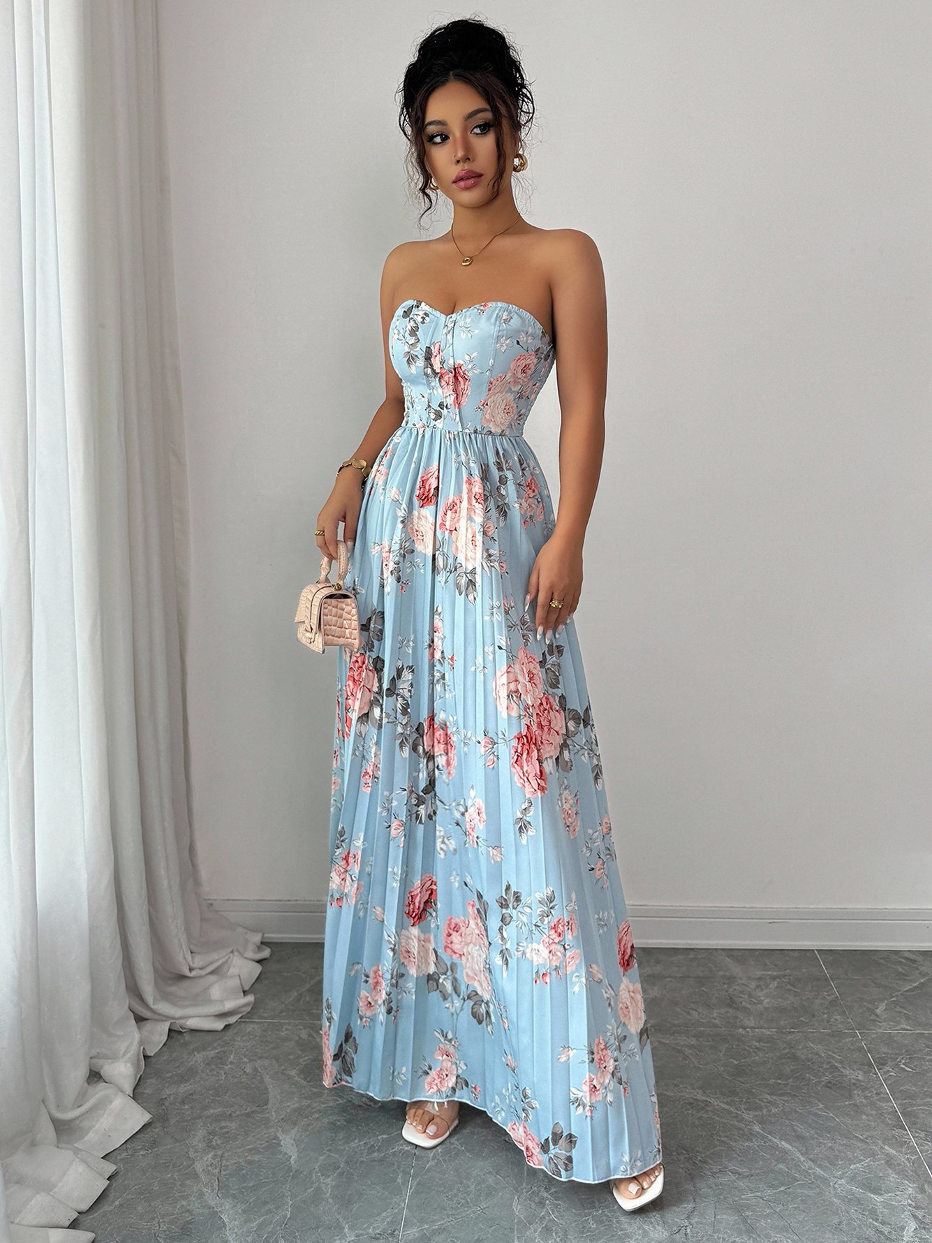 Blue Floral Pleated Maxi Dress with Strapless Design