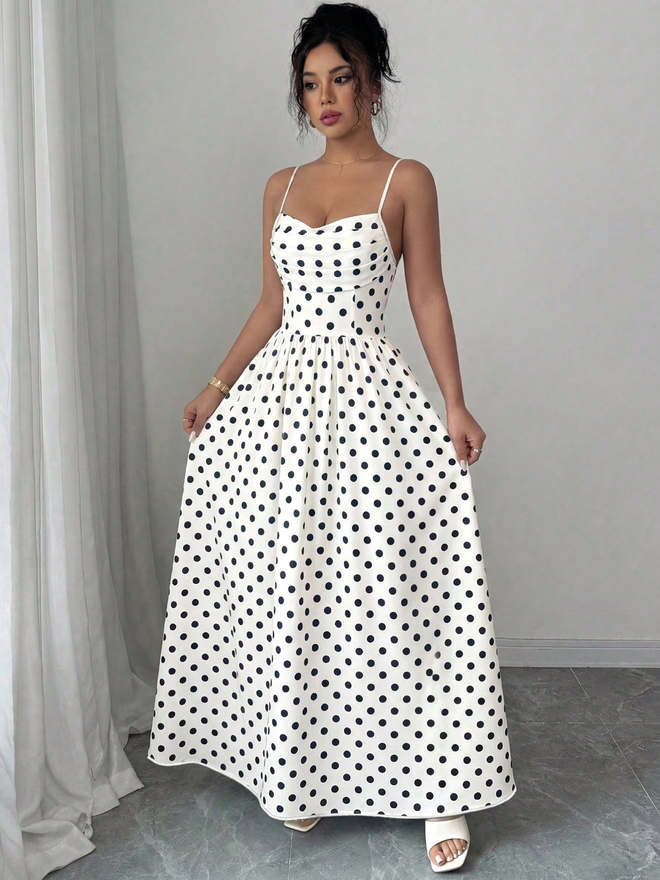 White Polka Dot Spaghetti Strap Maxi Dress