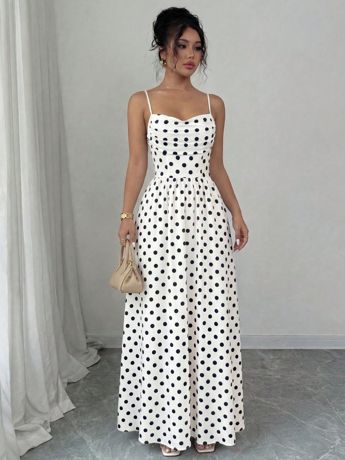 White Polka Dot Spaghetti Strap Maxi Dress