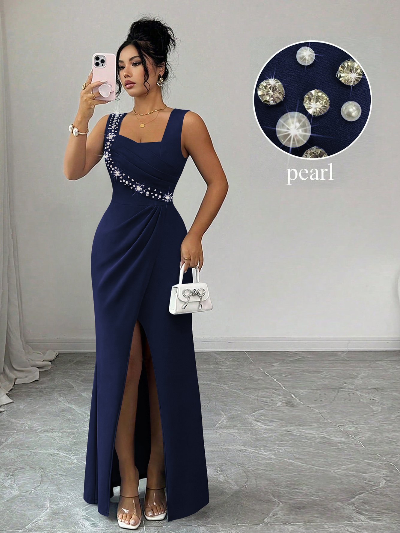 Dark Blue Sleeveless Maxi Dress with Rhinestone Embellishments
