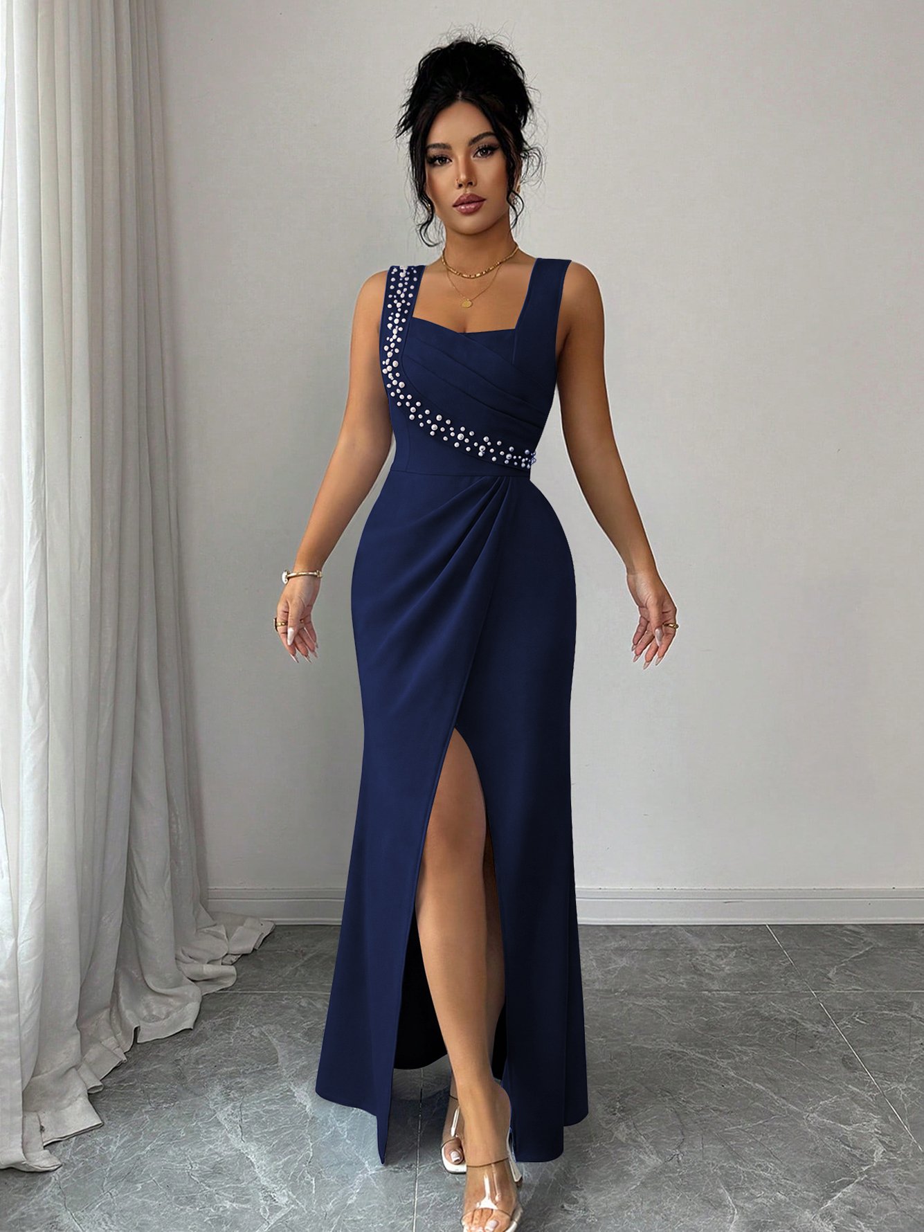 Dark Blue Sleeveless Maxi Dress with Rhinestone Embellishments