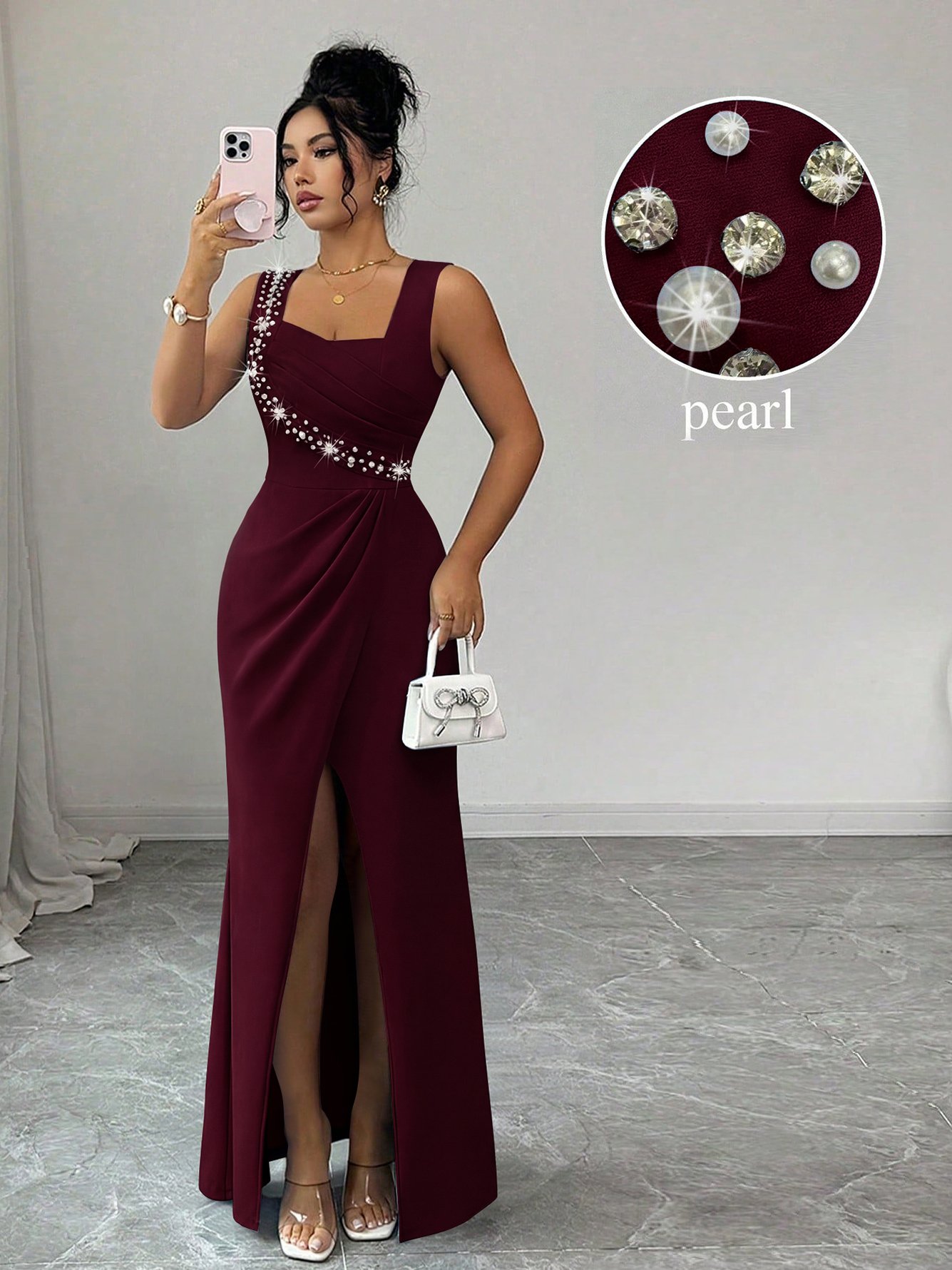 Burgundy Pearl Embellished Maxi Dress with Slit