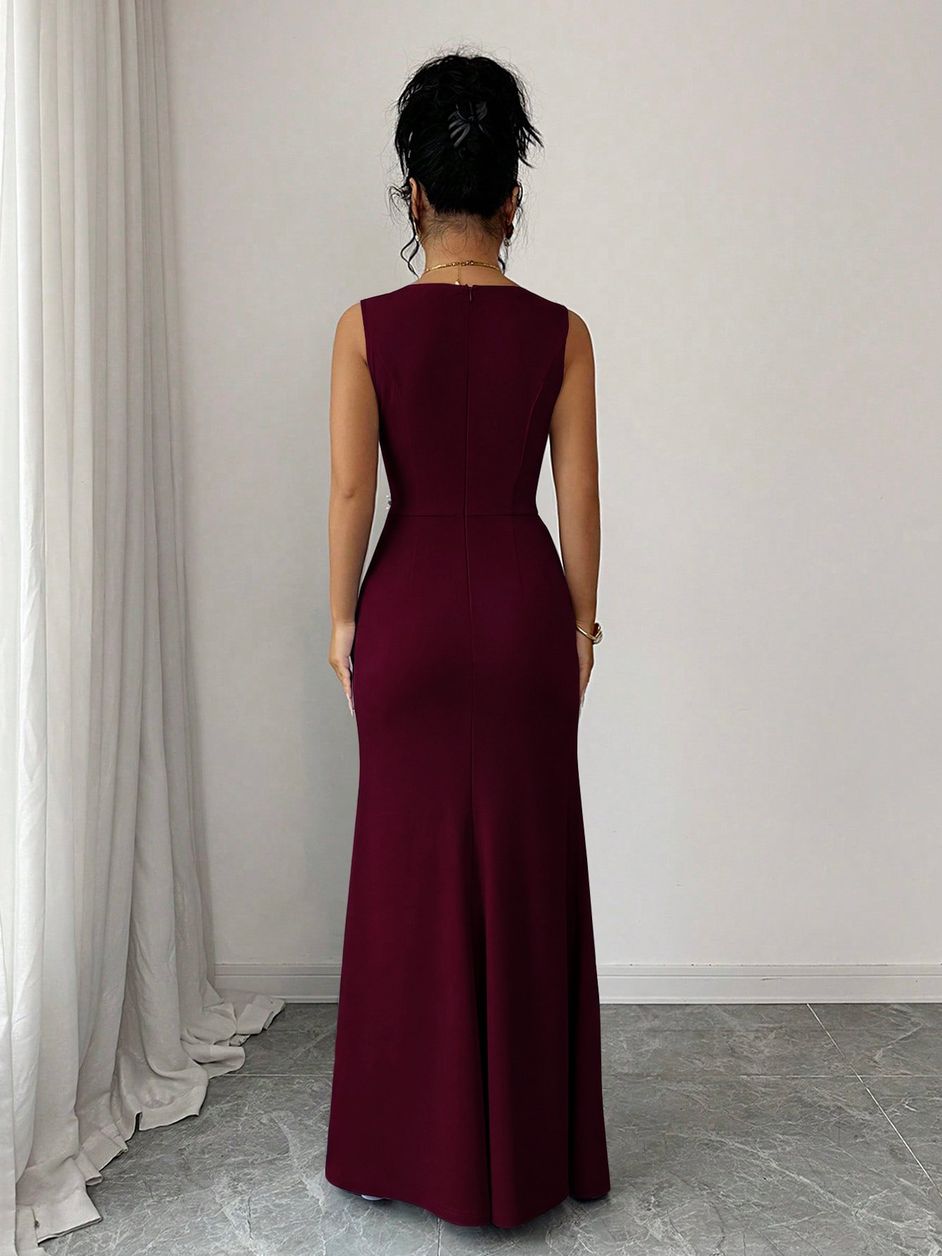 Burgundy Pearl Embellished Maxi Dress with Slit