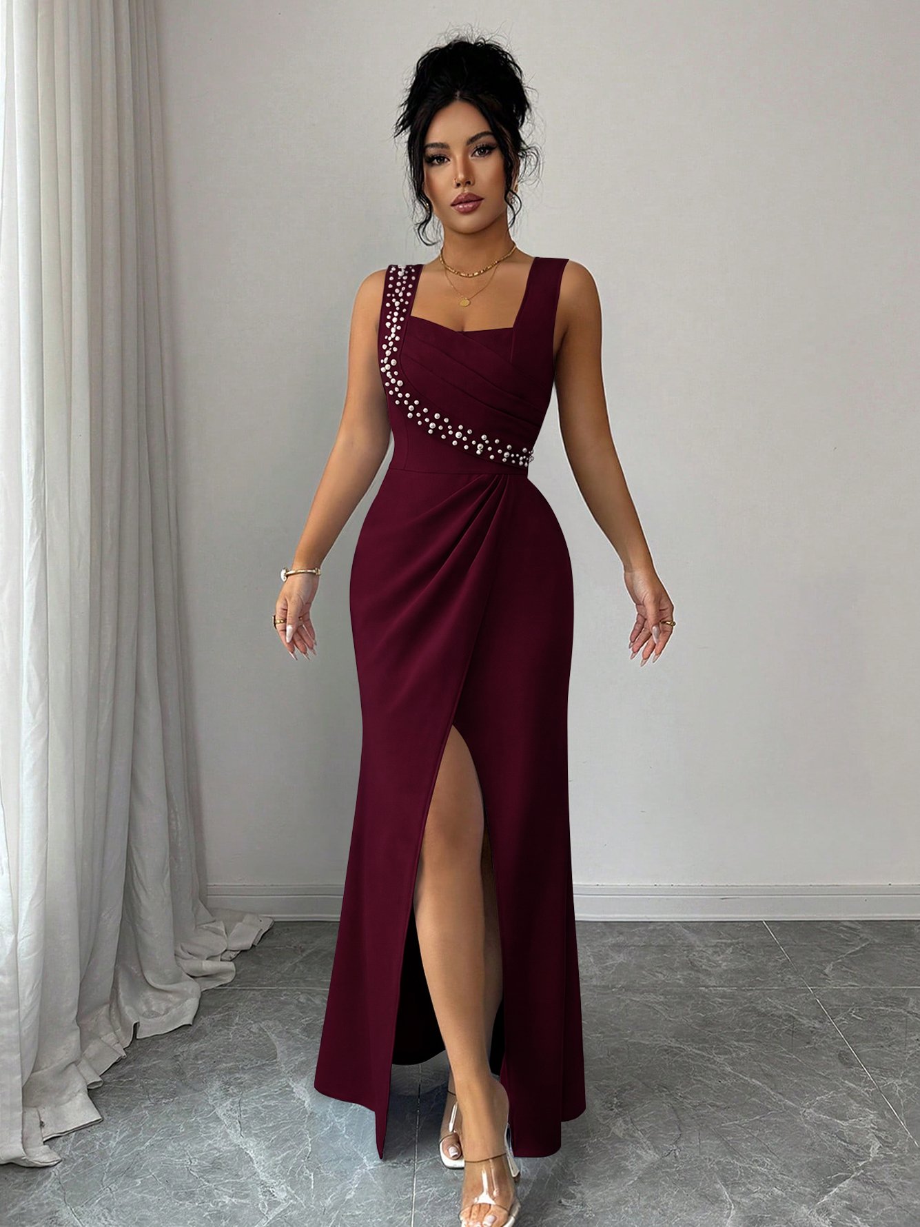 Burgundy Pearl Embellished Maxi Dress with Slit