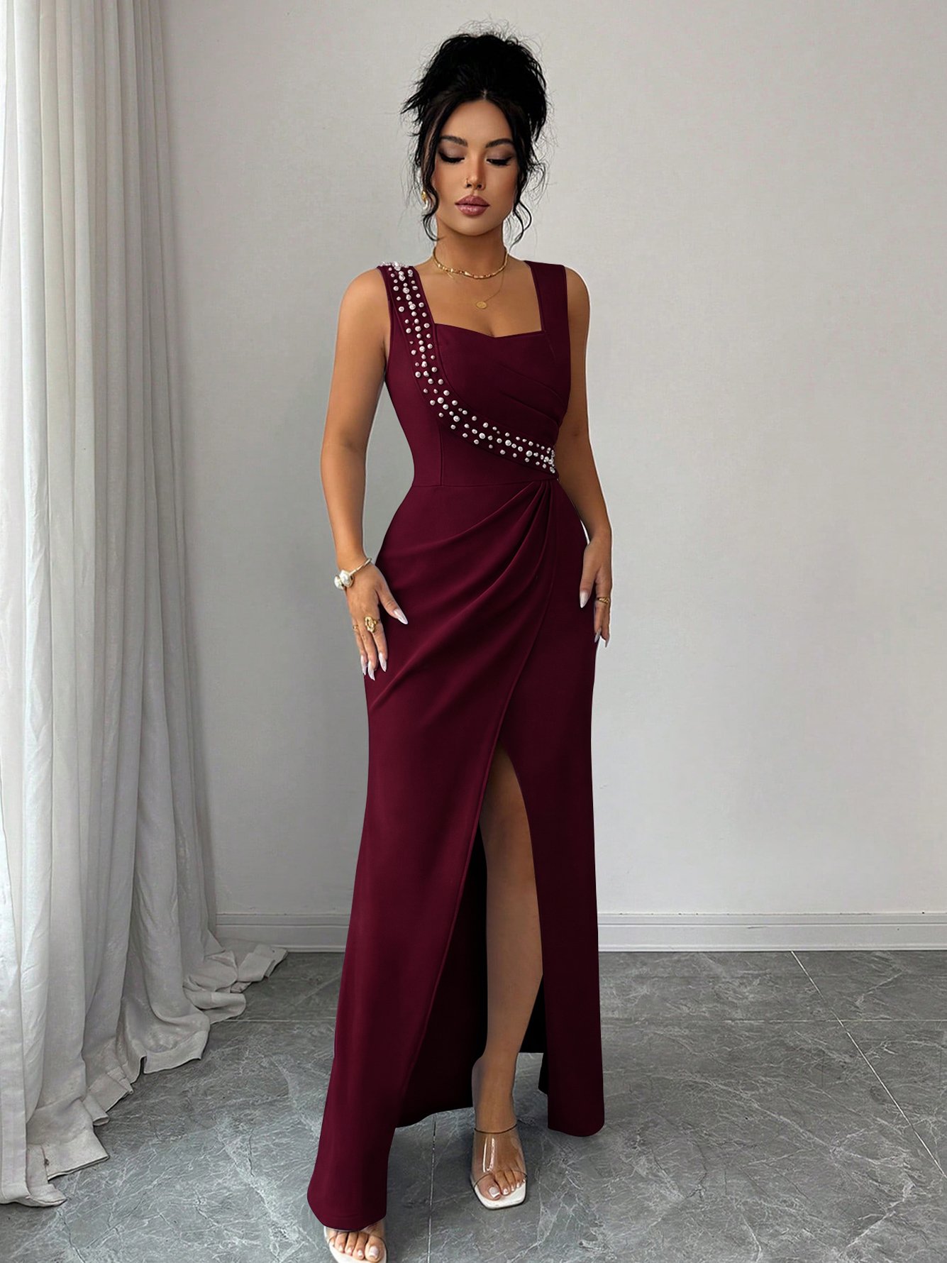 Burgundy Pearl Embellished Maxi Dress with Slit