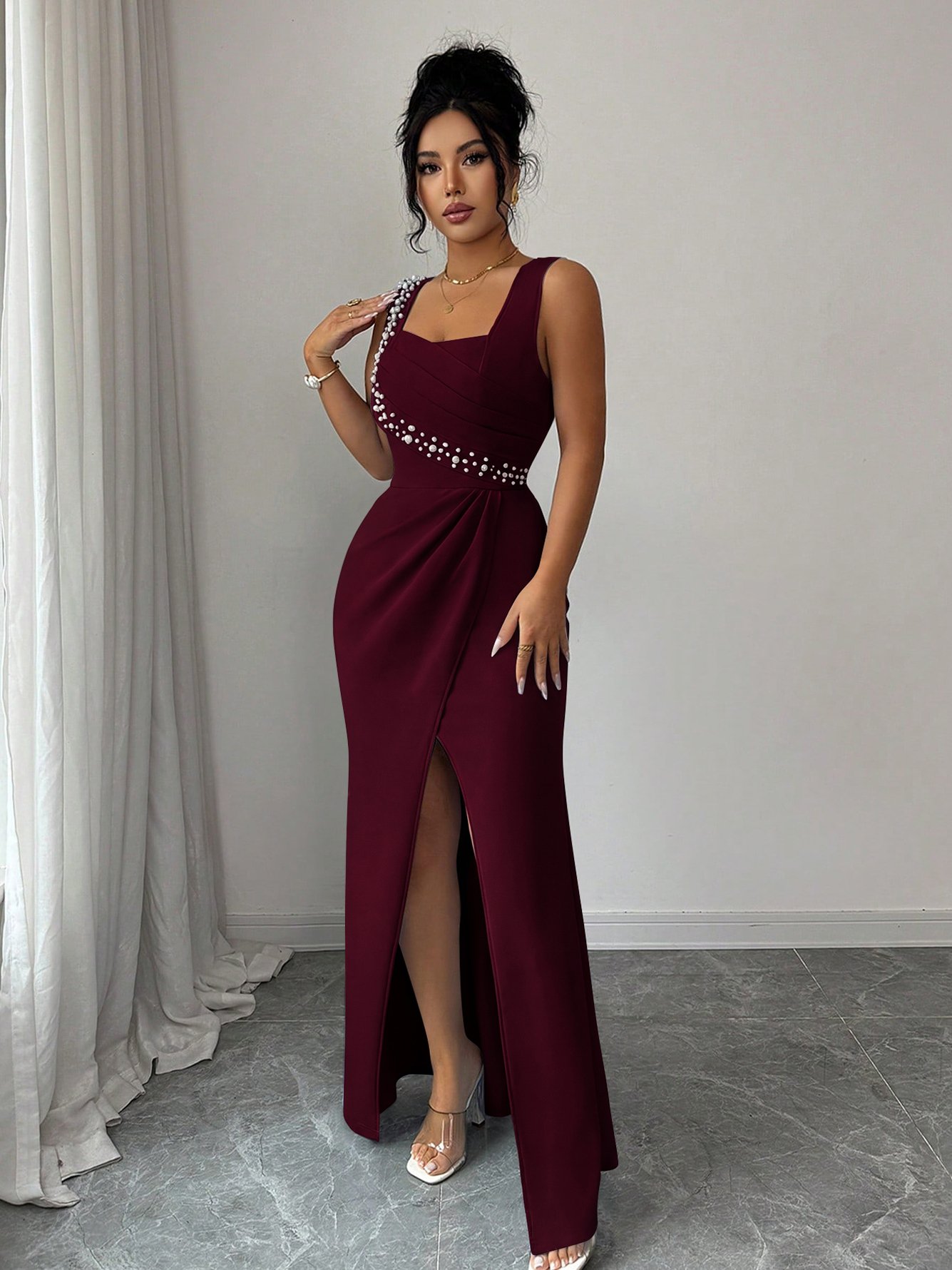 Burgundy Pearl Embellished Maxi Dress with Slit