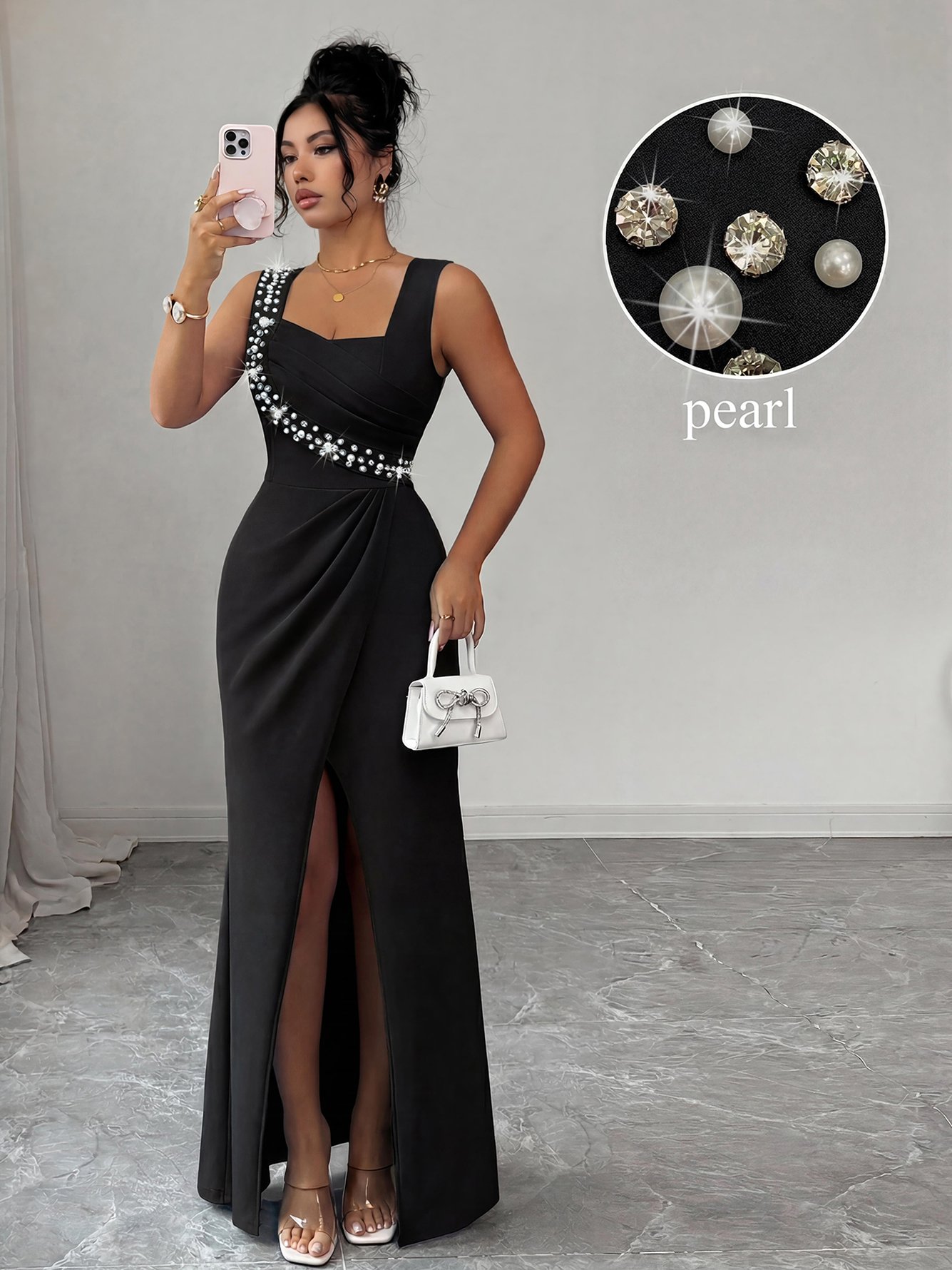 Black Maxi Dress with Pearl and Rhinestone Embellishments