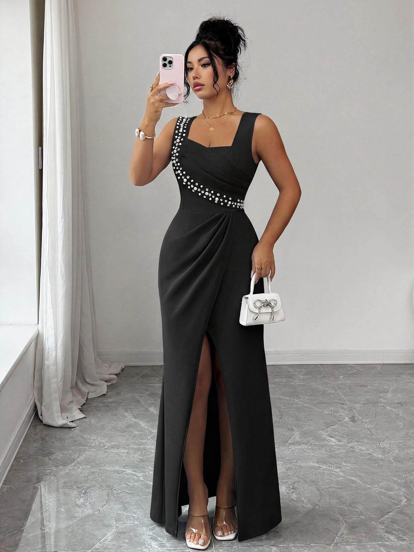Black Maxi Dress with Pearl and Rhinestone Embellishments