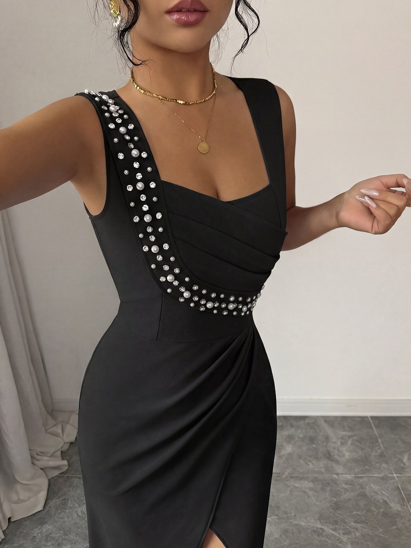 Black Maxi Dress with Pearl and Rhinestone Embellishments