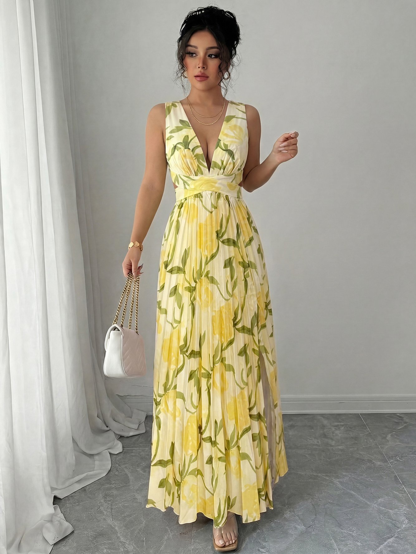 Floral V-Neck Pleated Maxi Dress with Cutout Waist