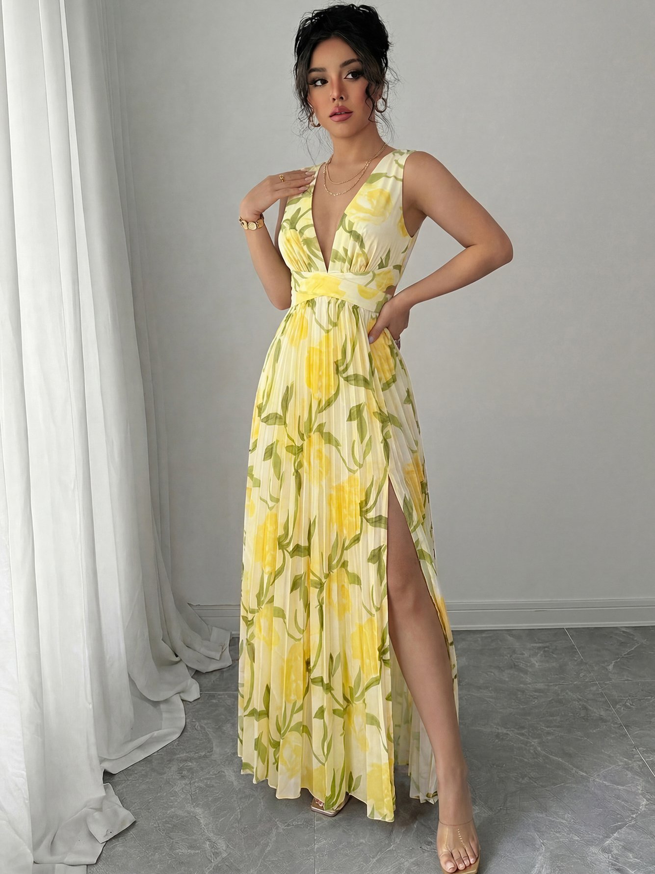 Floral V-Neck Pleated Maxi Dress with Cutout Waist