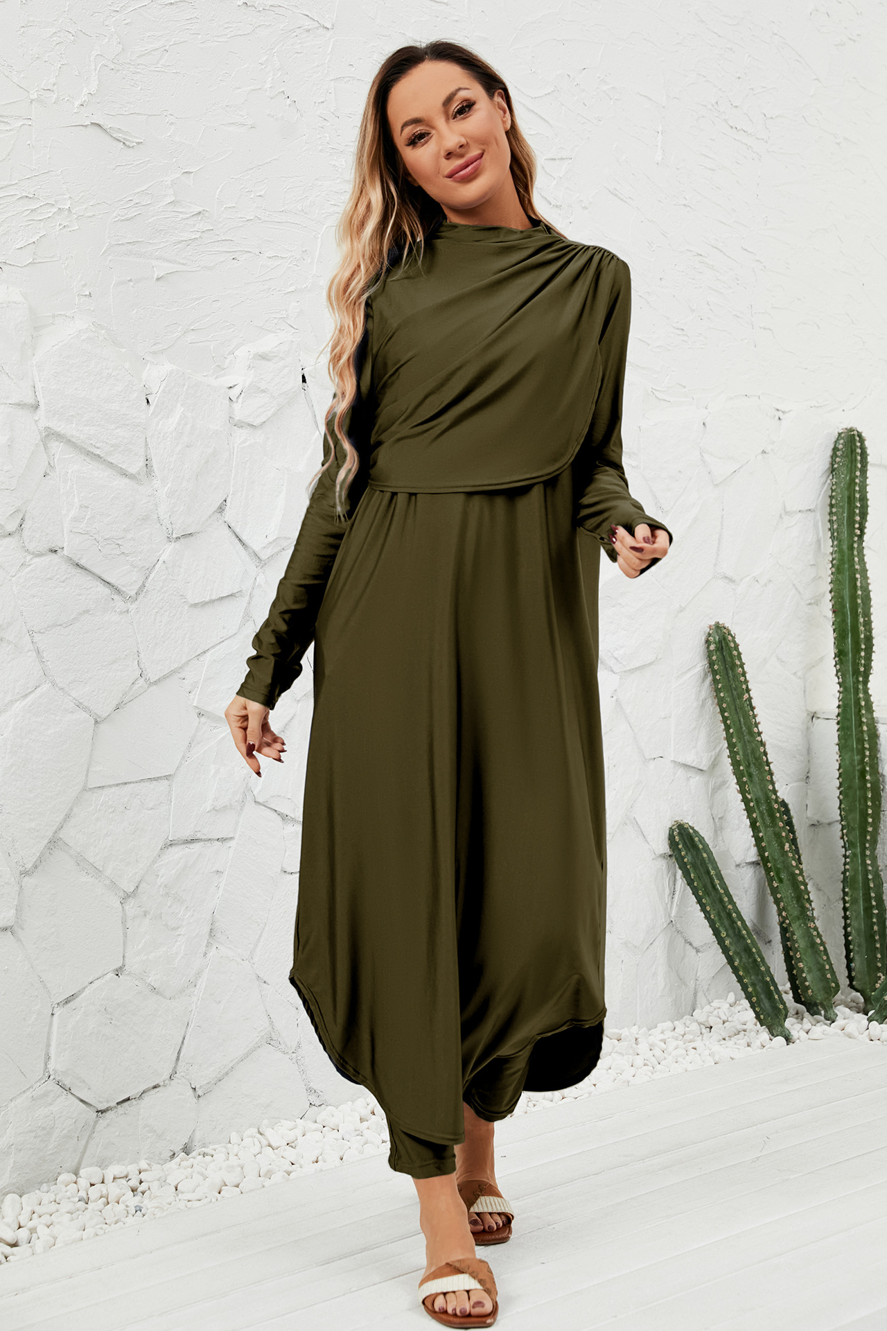 Olive Plain Long Sleeve Burkini with Draped Design