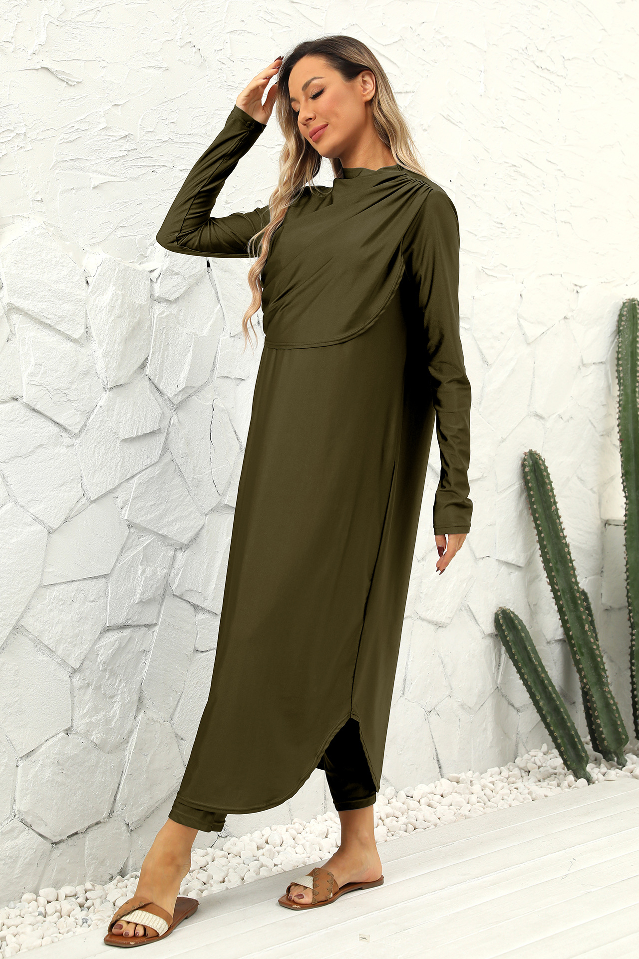 Olive Plain Long Sleeve Burkini with Draped Design