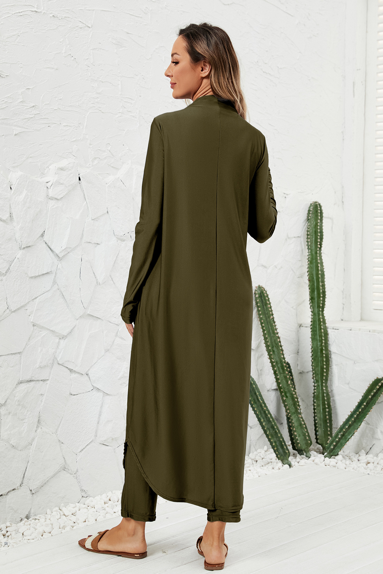 Olive Plain Long Sleeve Burkini with Draped Design