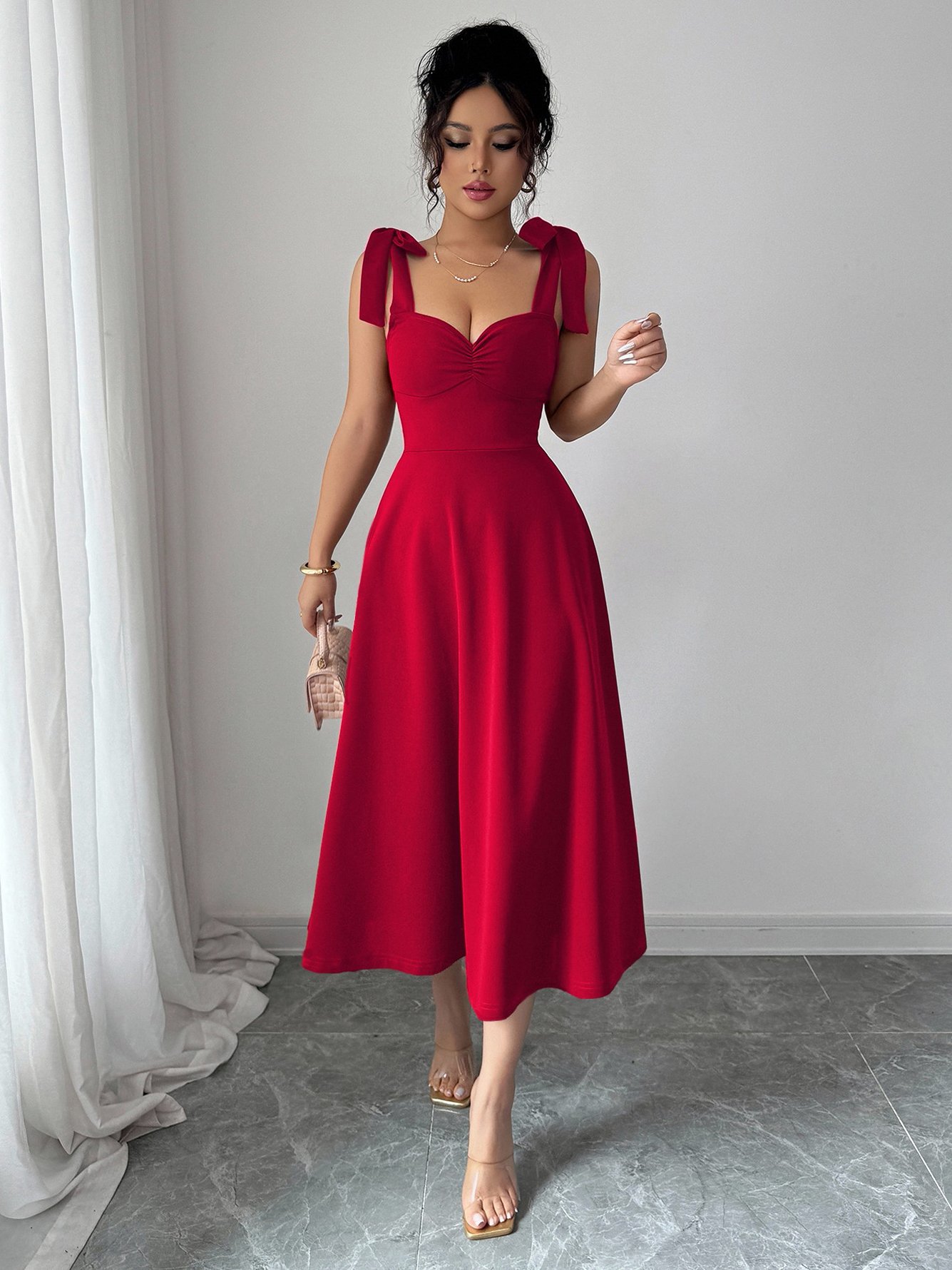 Red Bow-Strap Midi Dress