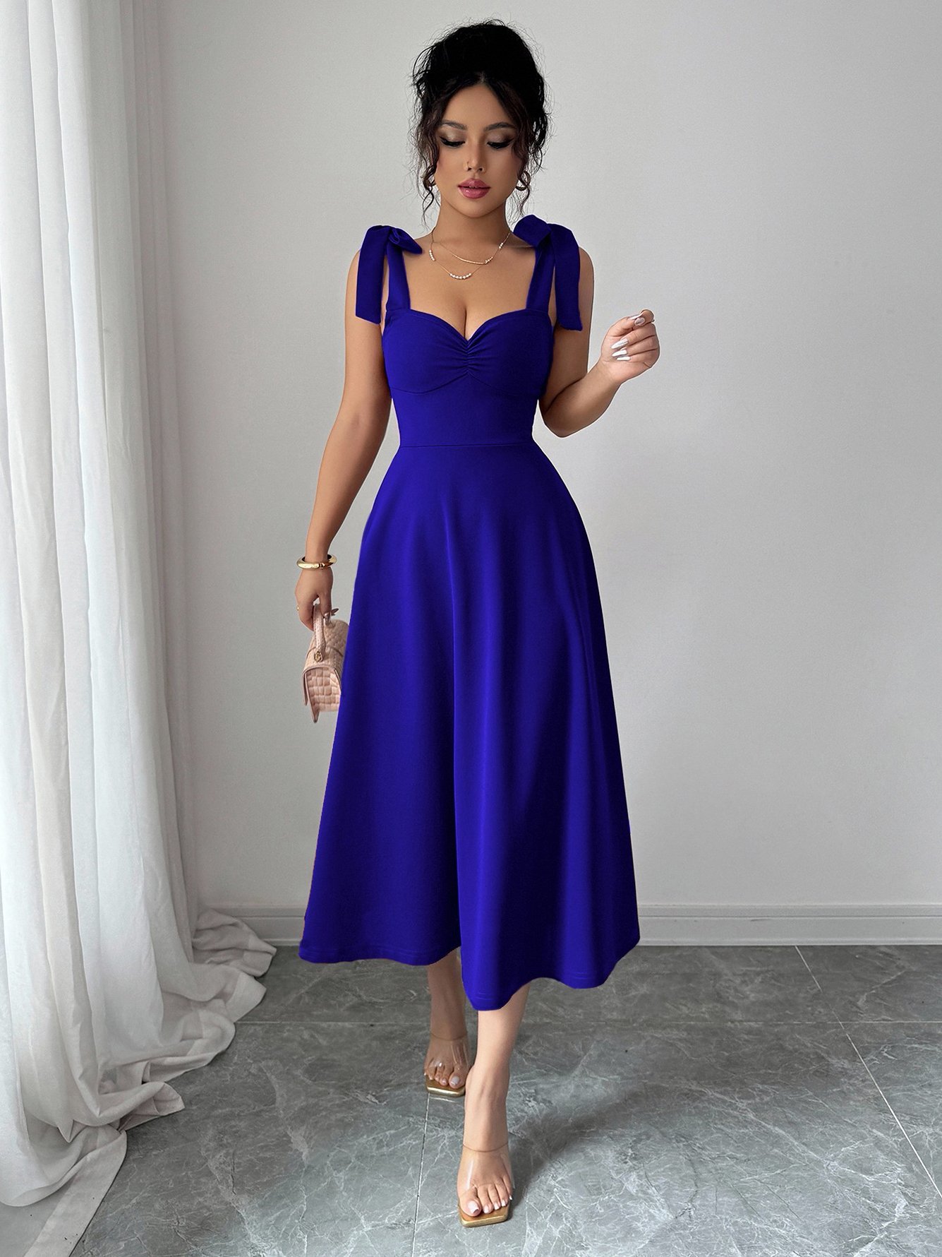 Blue Midi Dress with Bow Straps