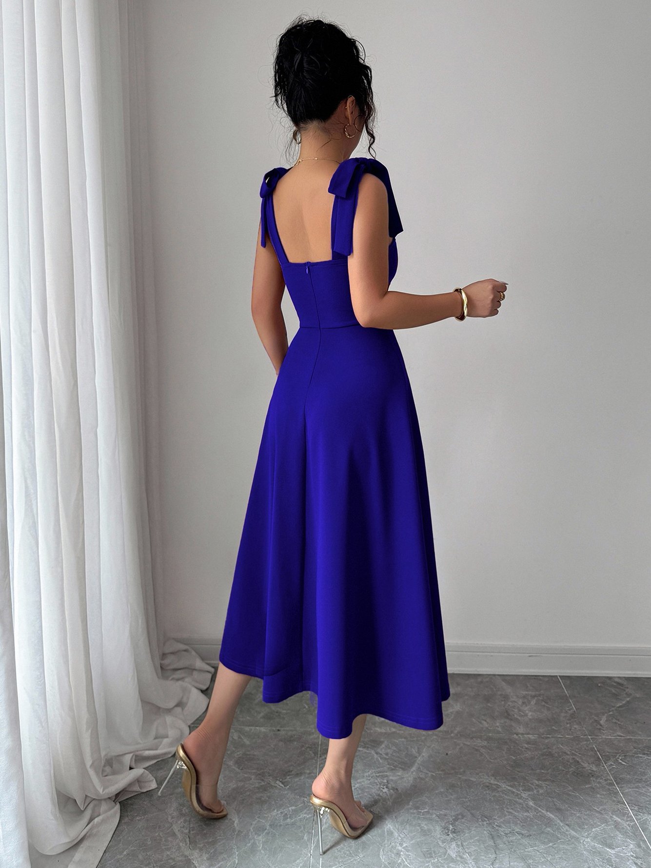 Blue Midi Dress with Bow Straps