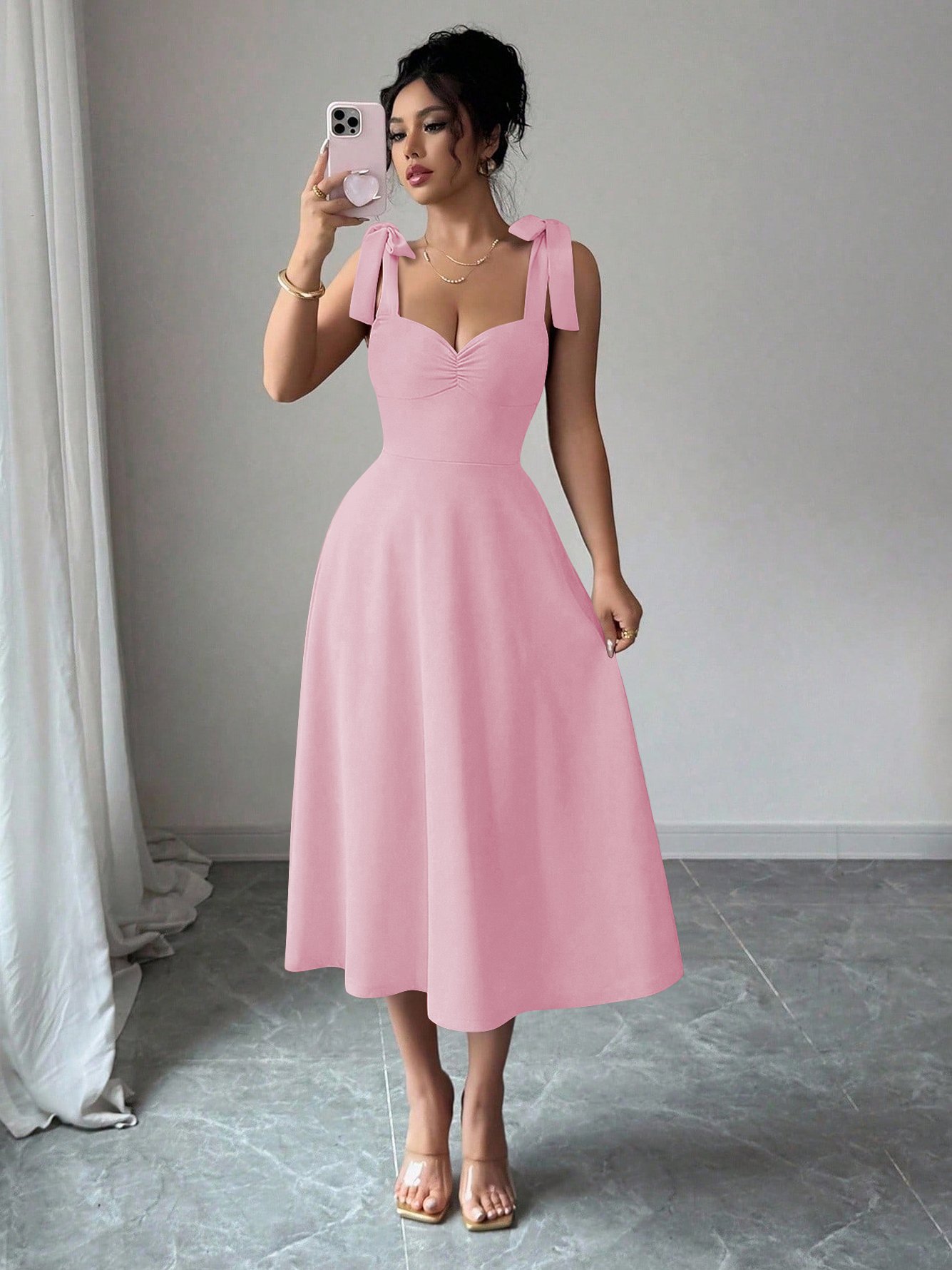 Light Pink Tie-Shoulder Midi Dress