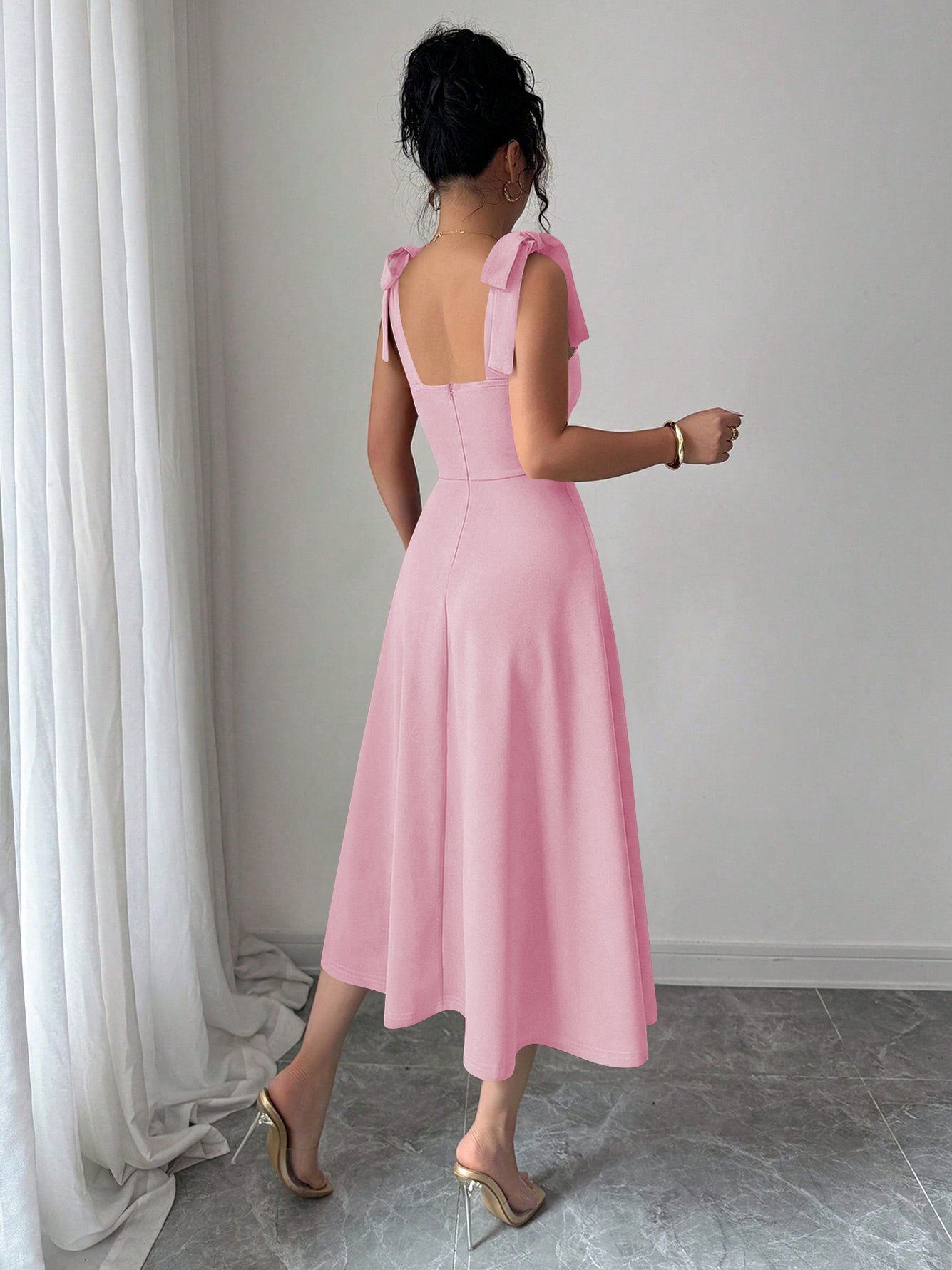 Light Pink Tie-Shoulder Midi Dress