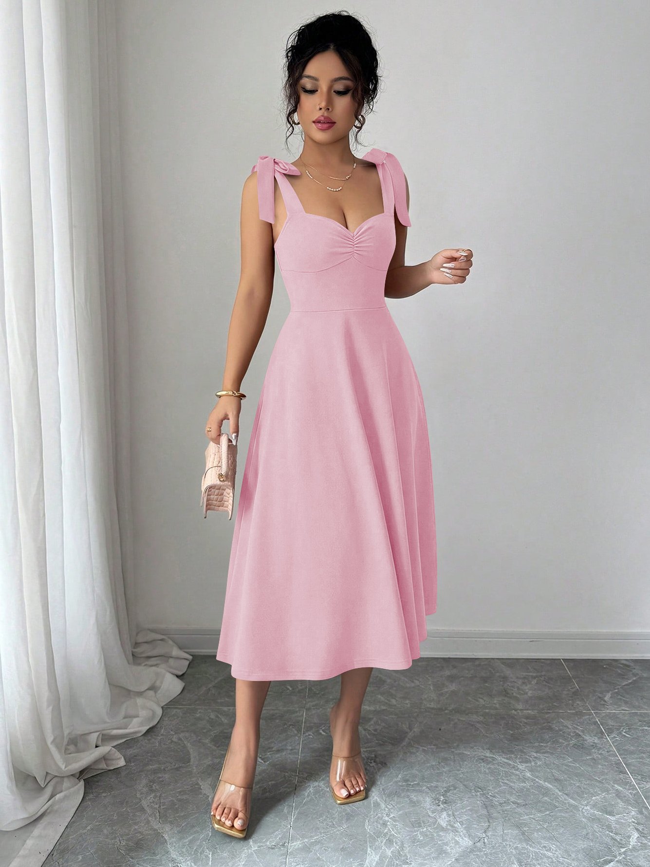 Light Pink Tie-Shoulder Midi Dress