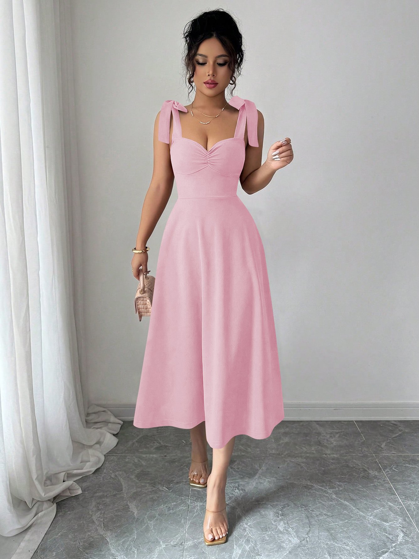 Light Pink Tie-Shoulder Midi Dress