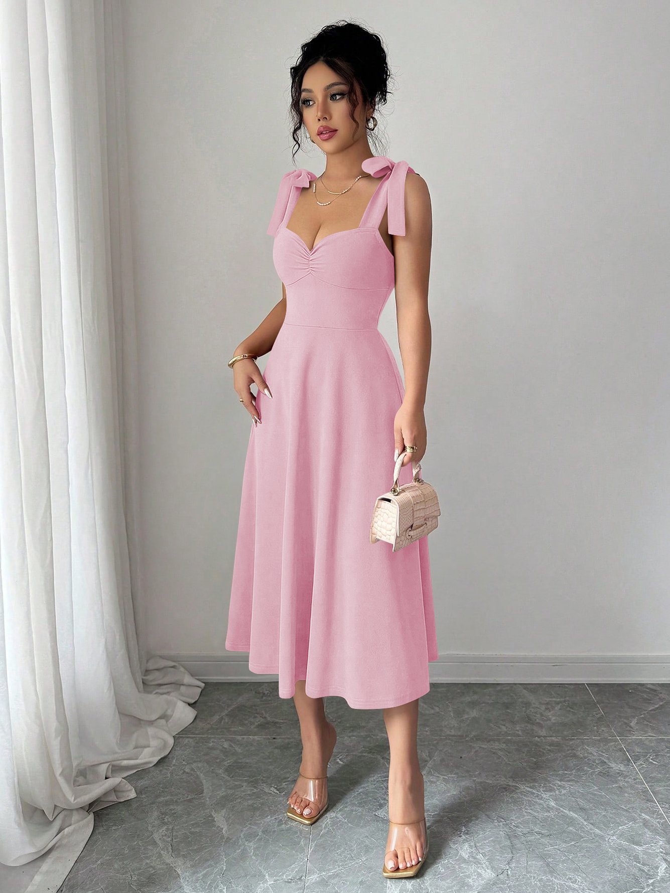 Light Pink Tie-Shoulder Midi Dress