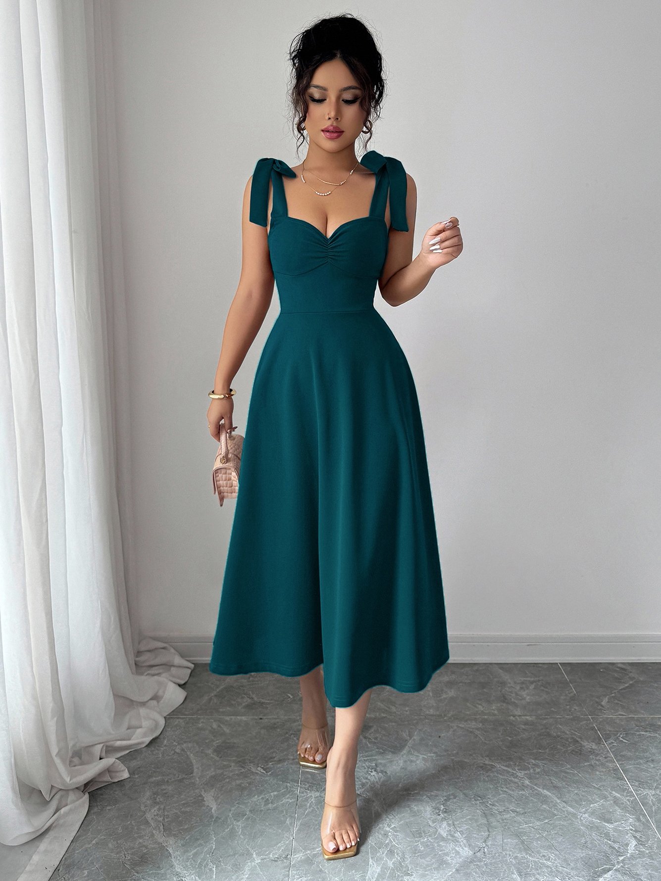 Turquoise Tie-Shoulder Midi Dress
