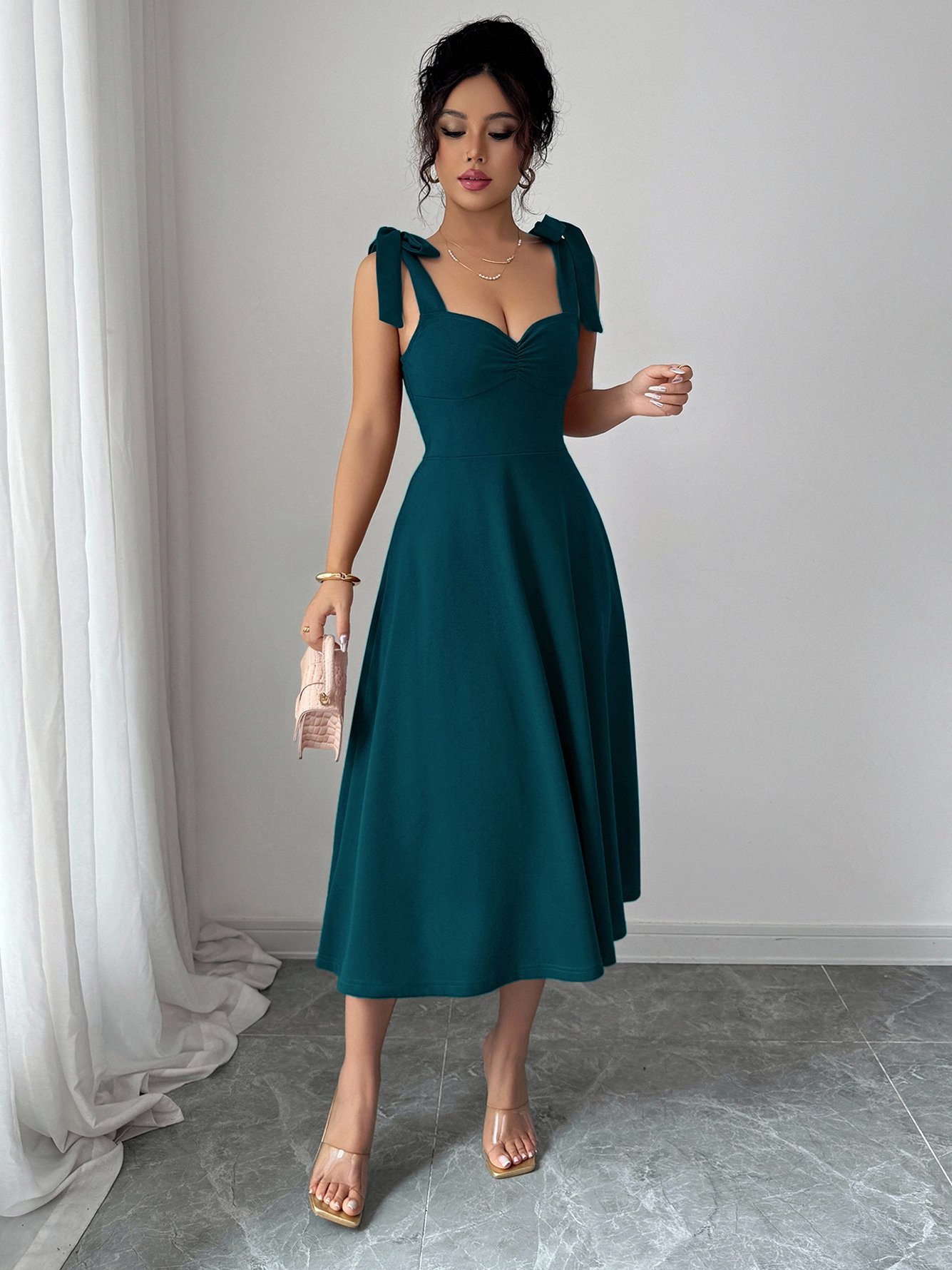 Turquoise Tie-Shoulder Midi Dress