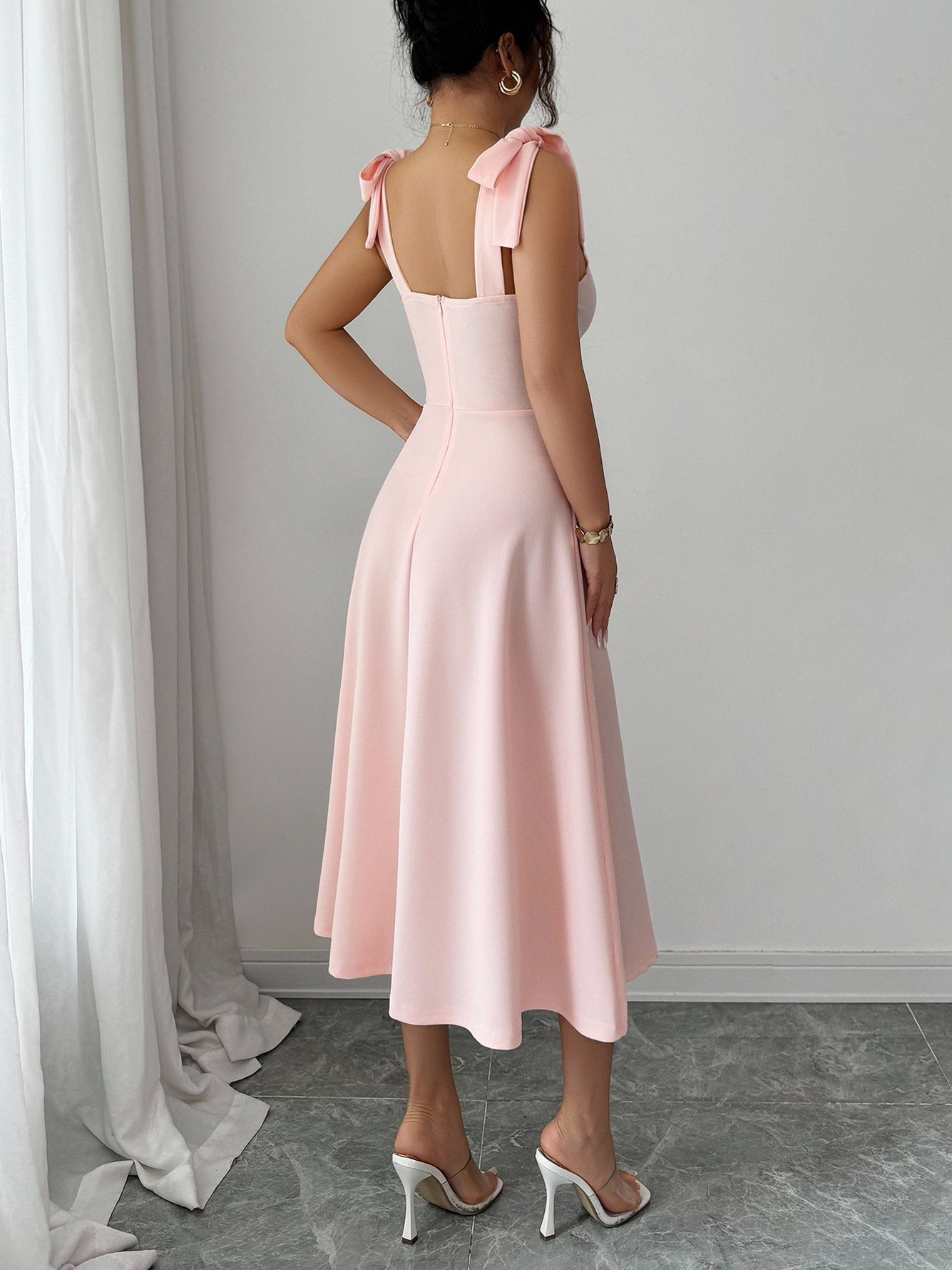 Light Pink Midi Dress with Tie Shoulders