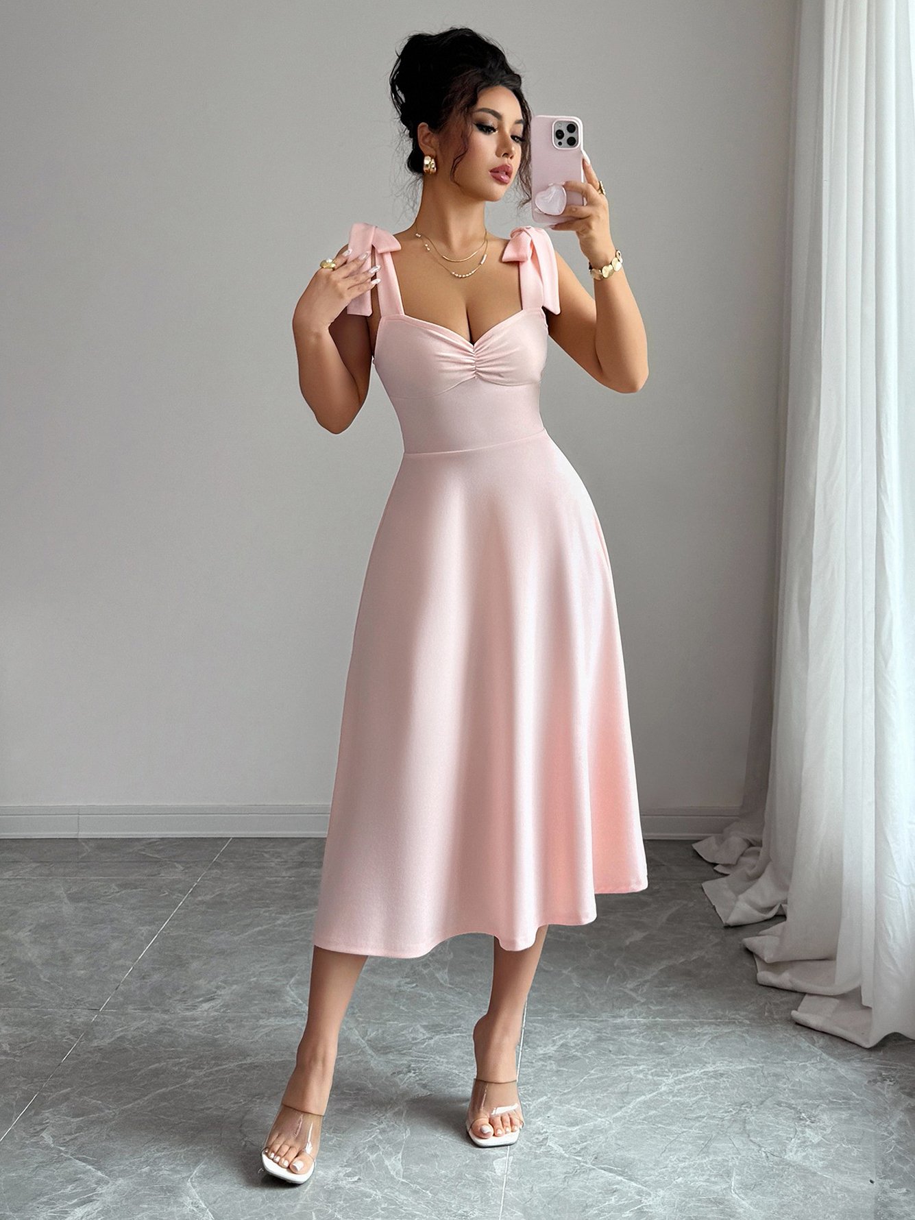 Light Pink Midi Dress with Tie Shoulders