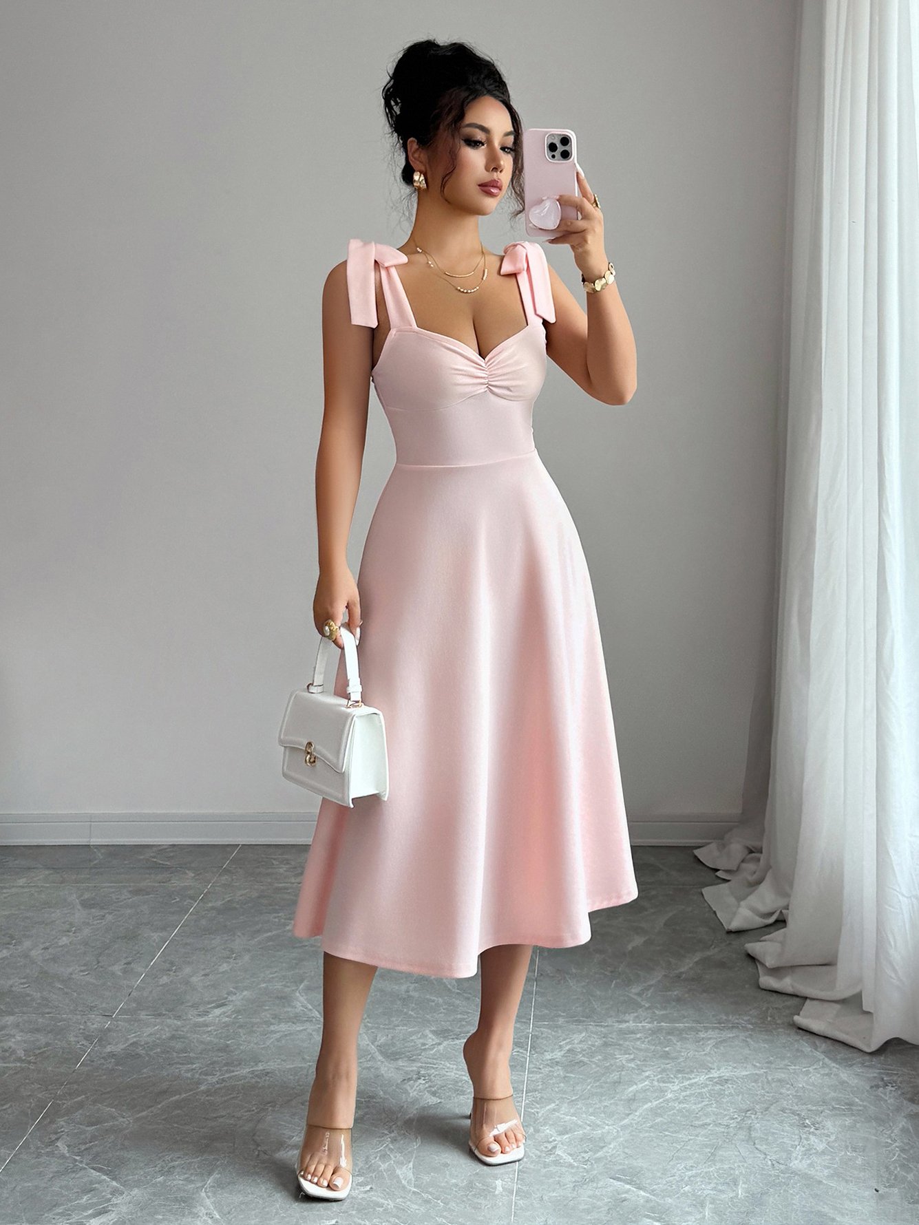 Light Pink Midi Dress with Tie Shoulders