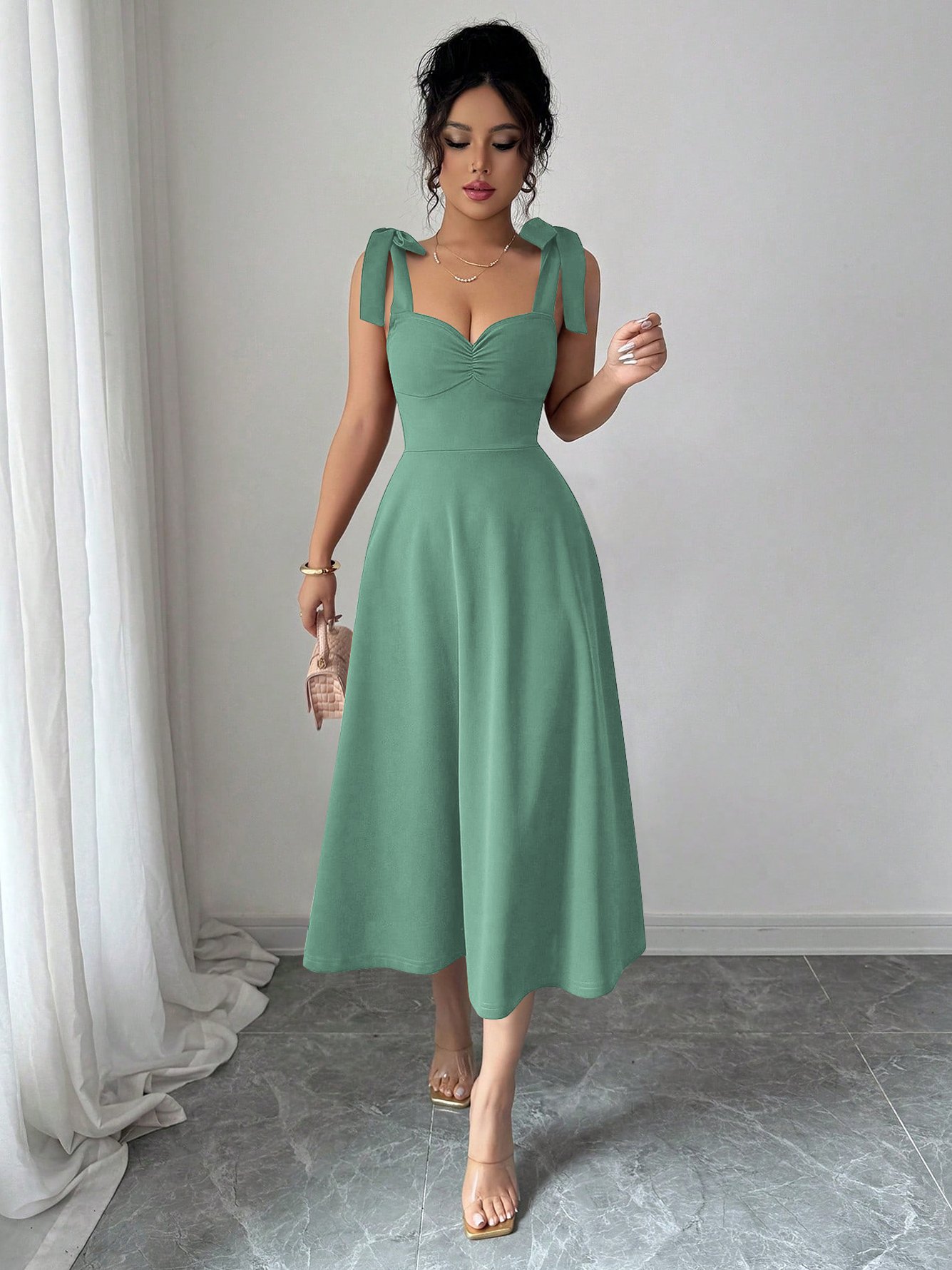 Green Tie-Shoulder Midi Dress