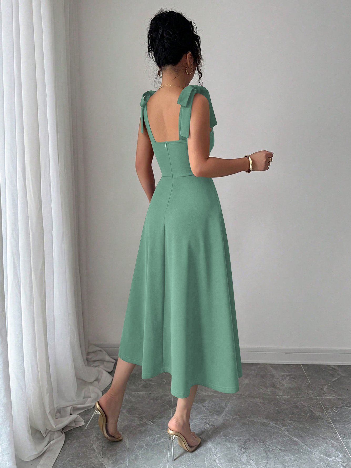 Green Tie-Shoulder Midi Dress