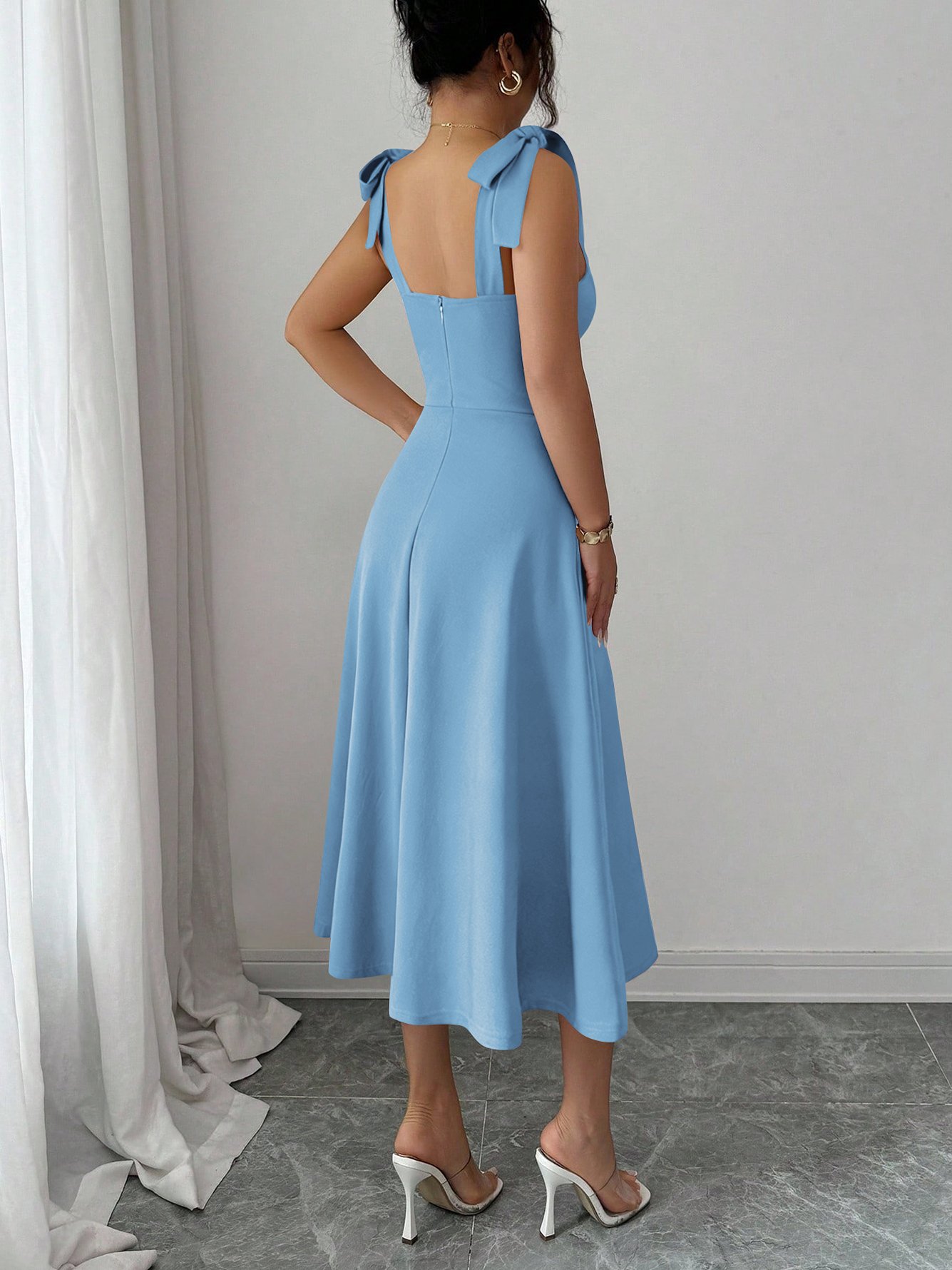 Blue Midi Dress with Shoulder Ties