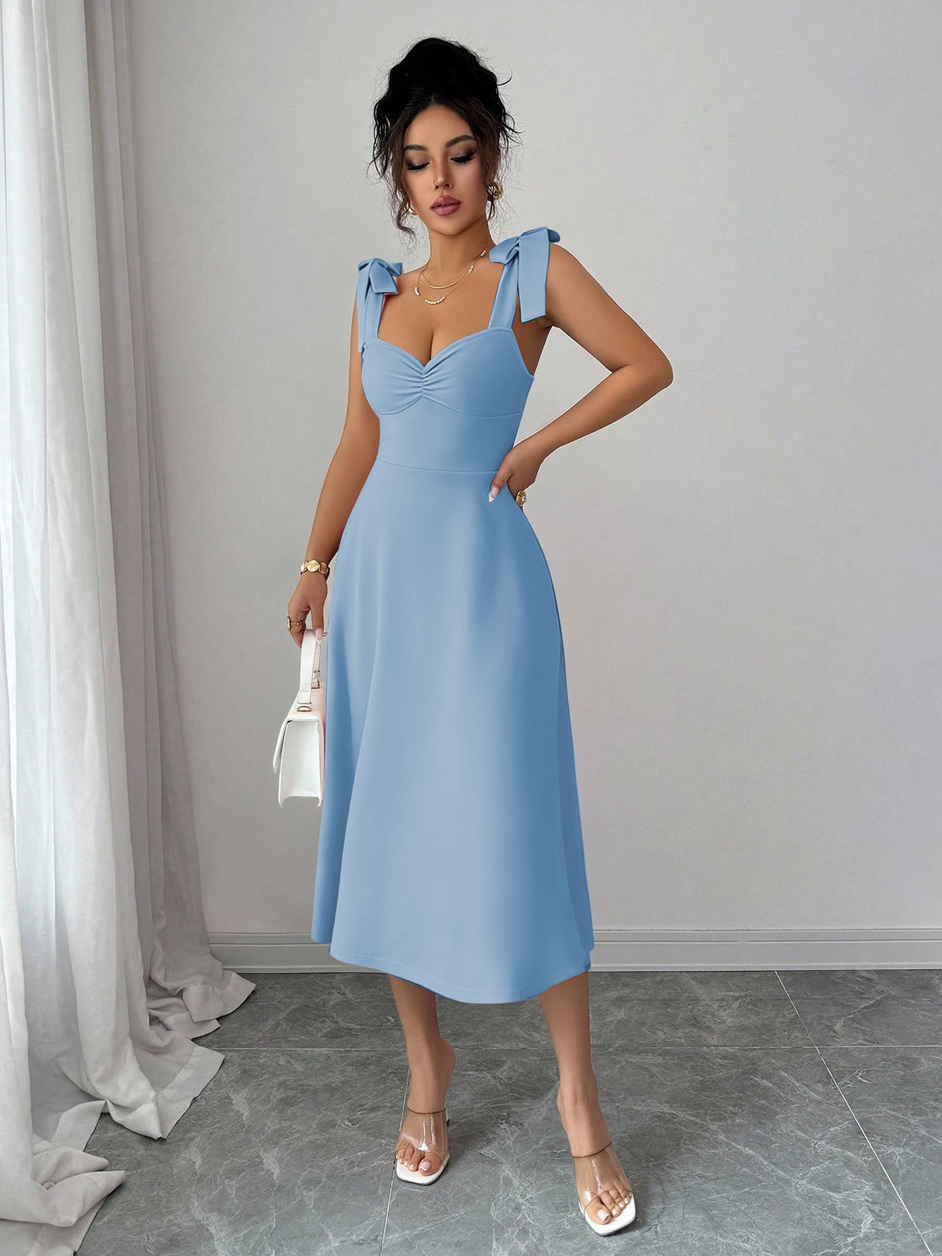 Blue Midi Dress with Shoulder Ties