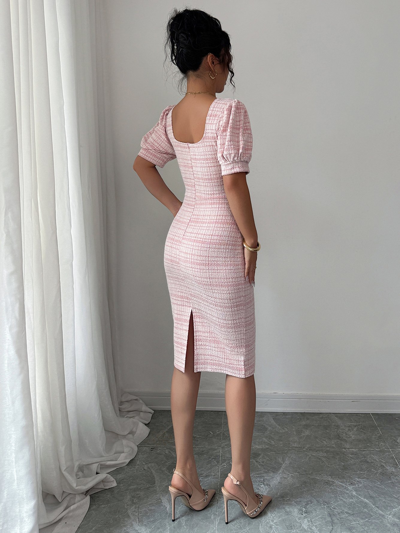 Plaid Midi Dress with Pearl Buttons and Puff Sleeves
