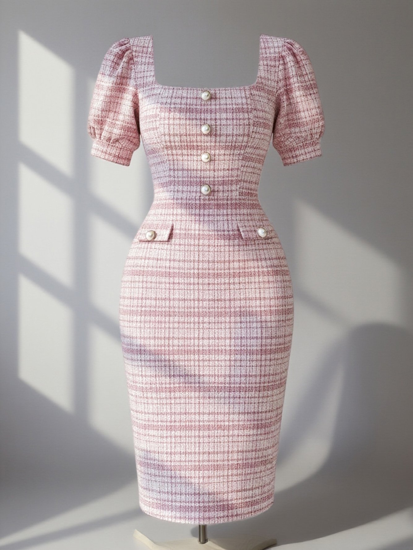 Plaid Midi Dress with Pearl Buttons and Puff Sleeves