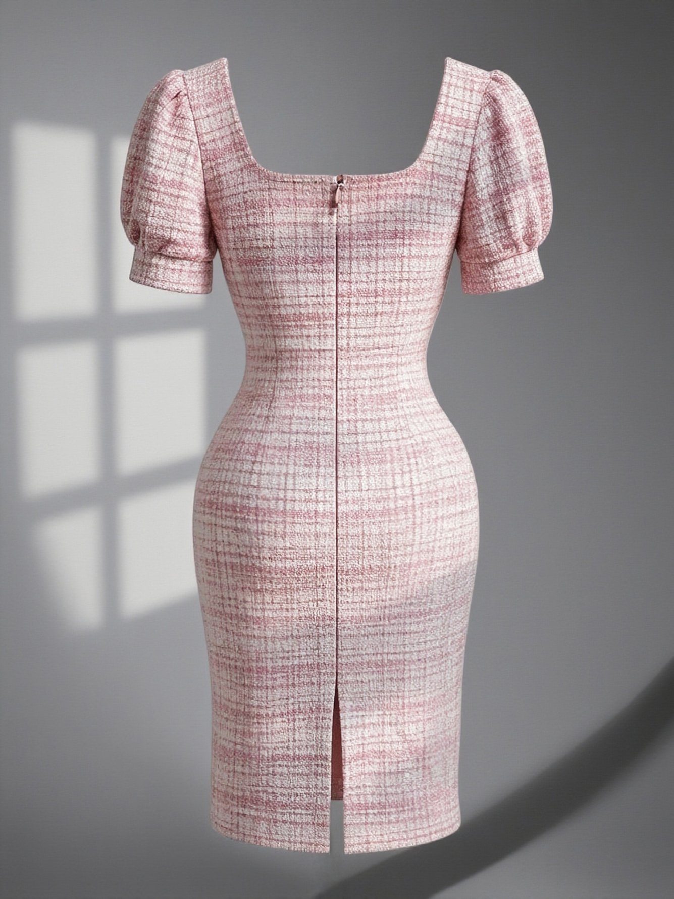 Plaid Midi Dress with Pearl Buttons and Puff Sleeves
