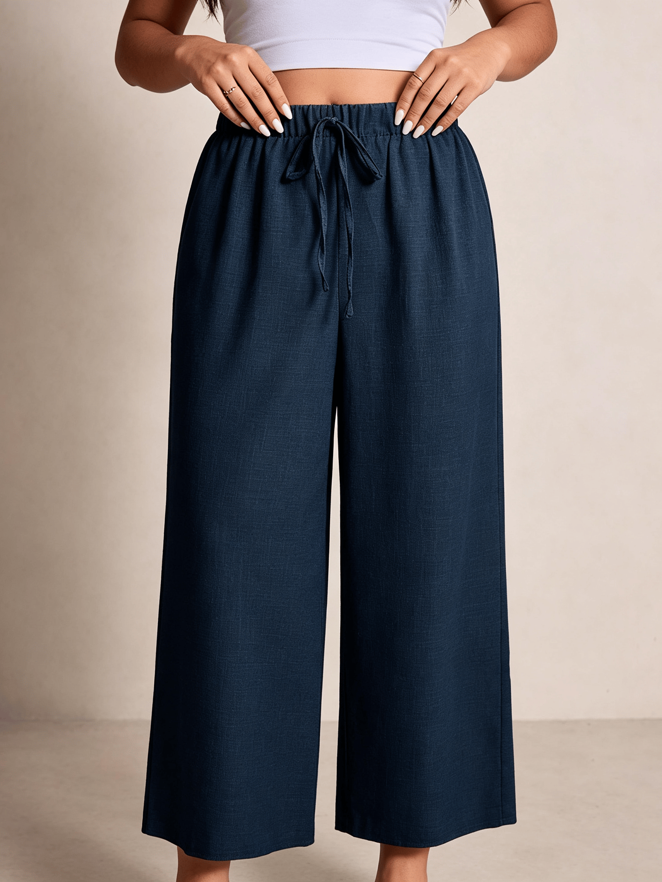 Plus Size Navy Blue Wide-Leg Trousers with Drawstring Waist