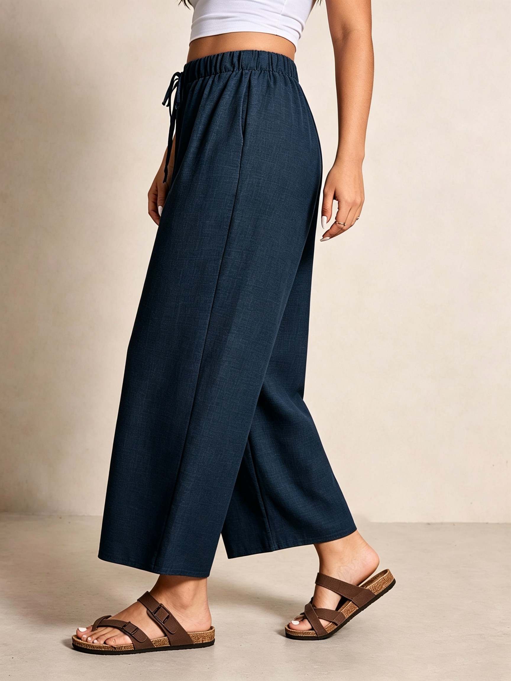 Plus Size Navy Blue Wide-Leg Trousers with Drawstring Waist