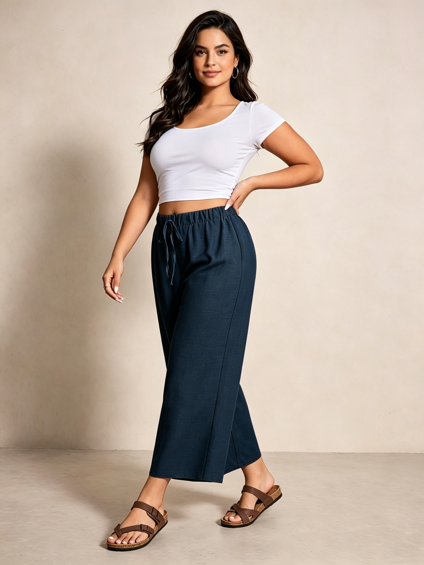 Plus Size Navy Blue Wide-Leg Trousers with Drawstring Waist