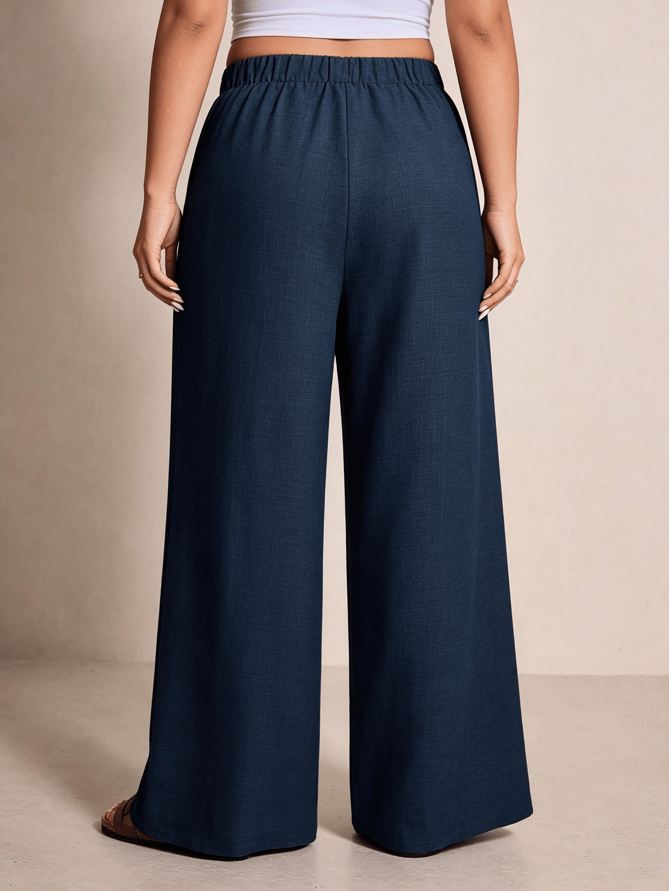 Plus Size Navy Blue Wide-Leg Trousers with Drawstring Waist